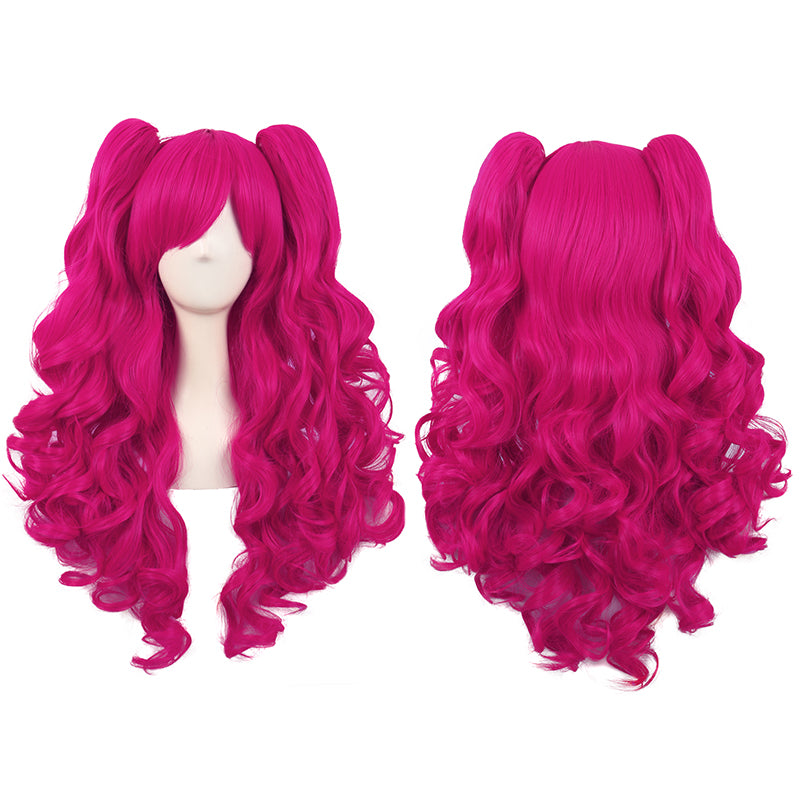 Long fuchsia wavy wig with two detachable ponytail for Lolita