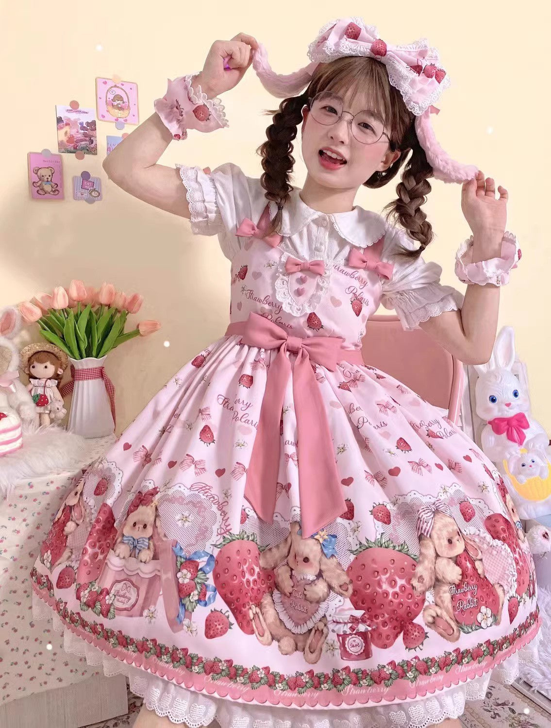 Pink Lolita Dress with Teddy Bear and Strawberry Print Worn by Girl