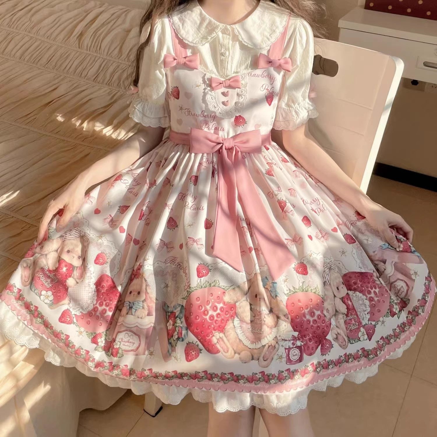 White and Pink Lolita Dress with Teddy Bear and Strawberry Print