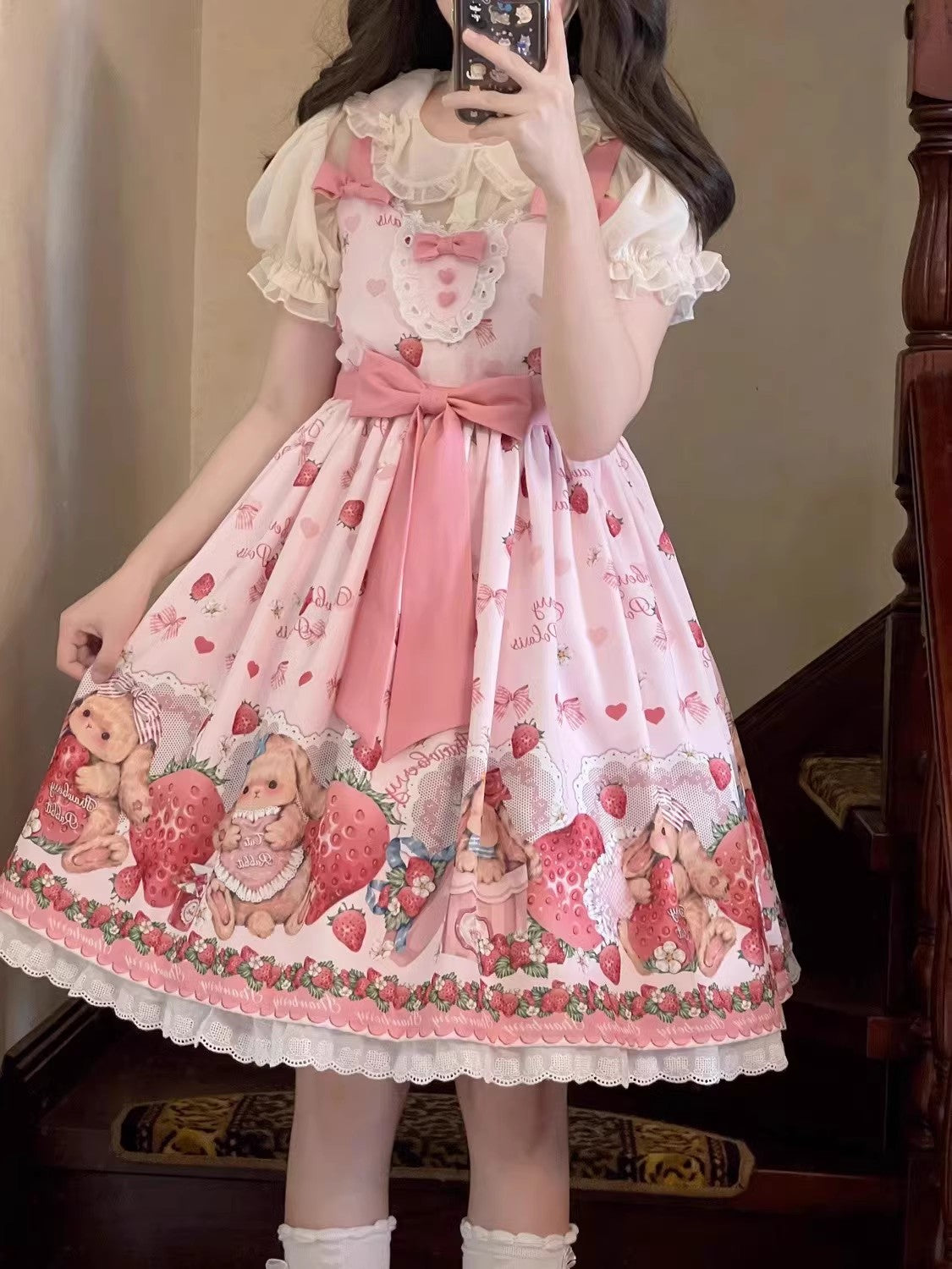 Pink Lolita Dress with Strawberry and Teddy Bear Print