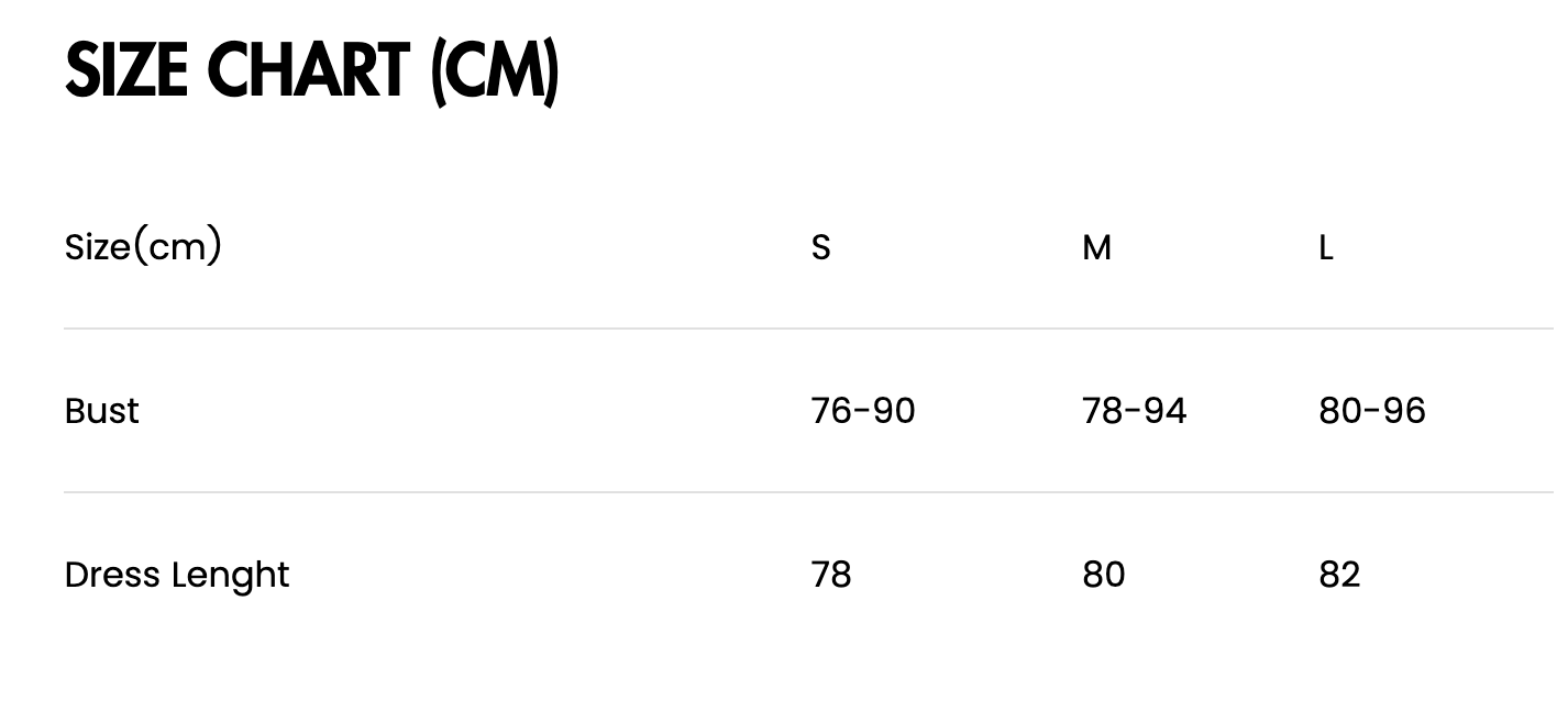 Short Lolita Dress Size Chart with Bust and Dress Length Measurements