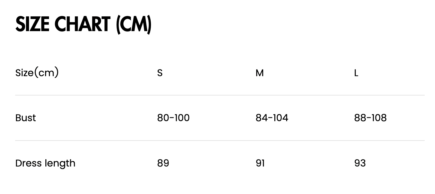 Lolita Dress Size Chart with Bust and Dress Length Measurements