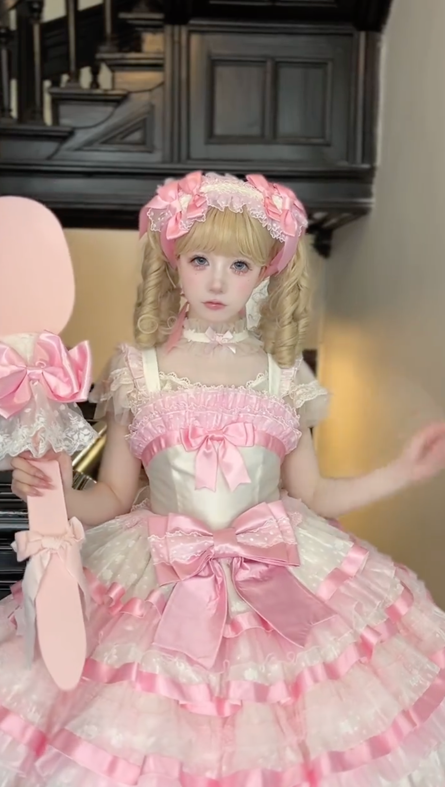 Charming Lolita Dress with Ruffled Blouse and Sweet Details in Pink