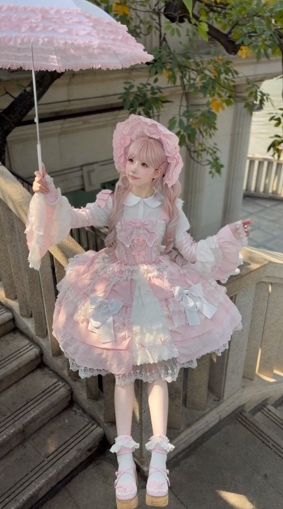 Elegant Pink Lolita Dress with White Blouse & Matching Bonnet