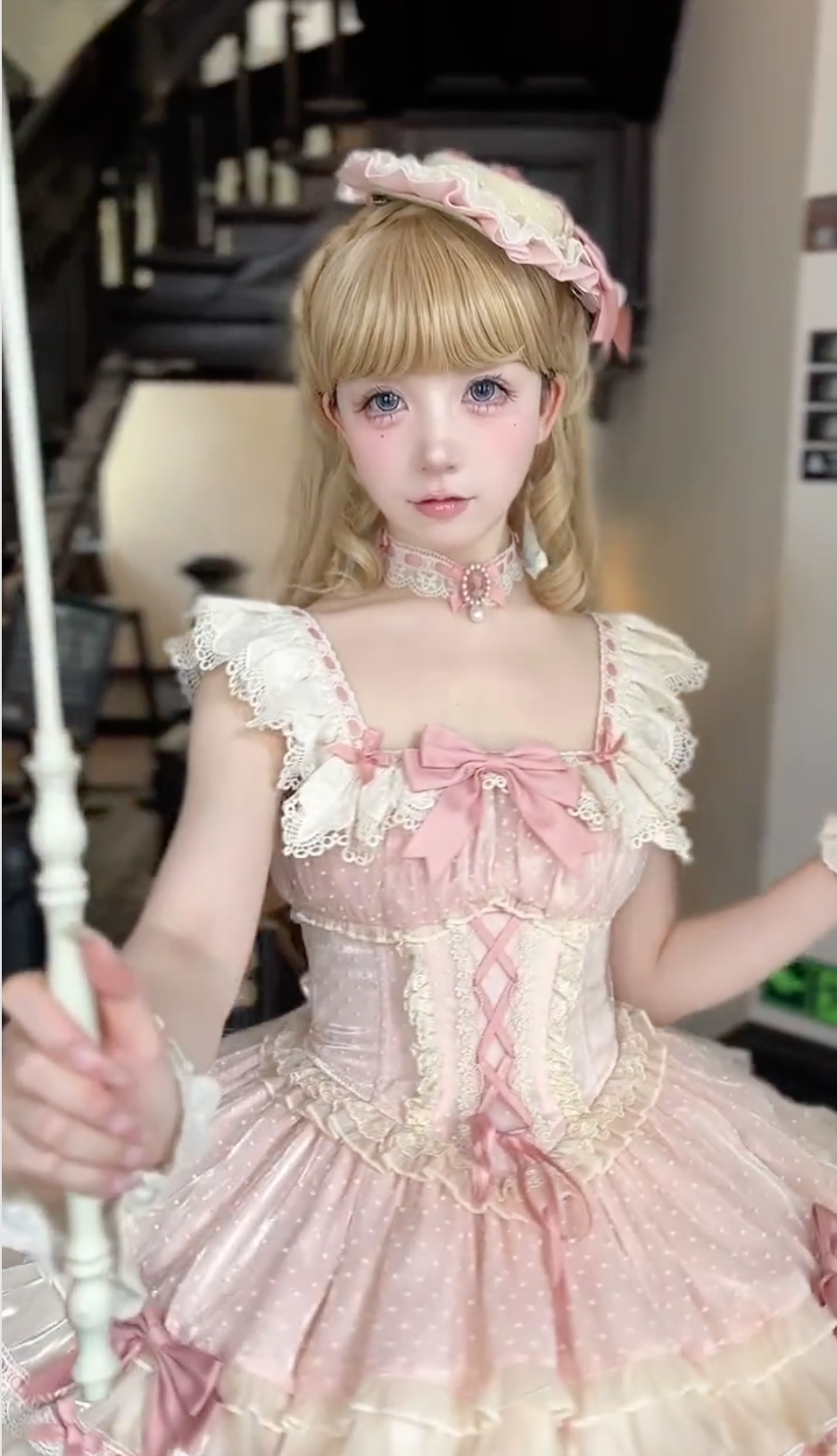 Pink and cream Sweet Lolita dress with bows