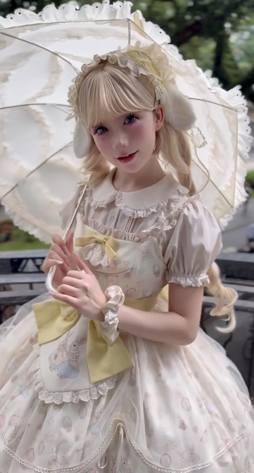 Bunny Tea Party Lolita Dress with Blouse (Cream & Butter Yellow)