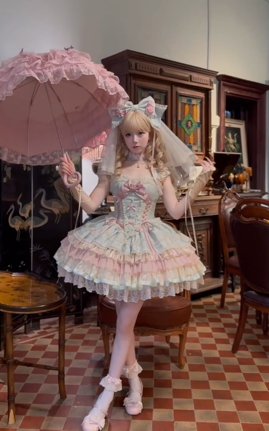 Pastel Reverie Rococo JSK Dress (Mint Blue + Blush Pink)