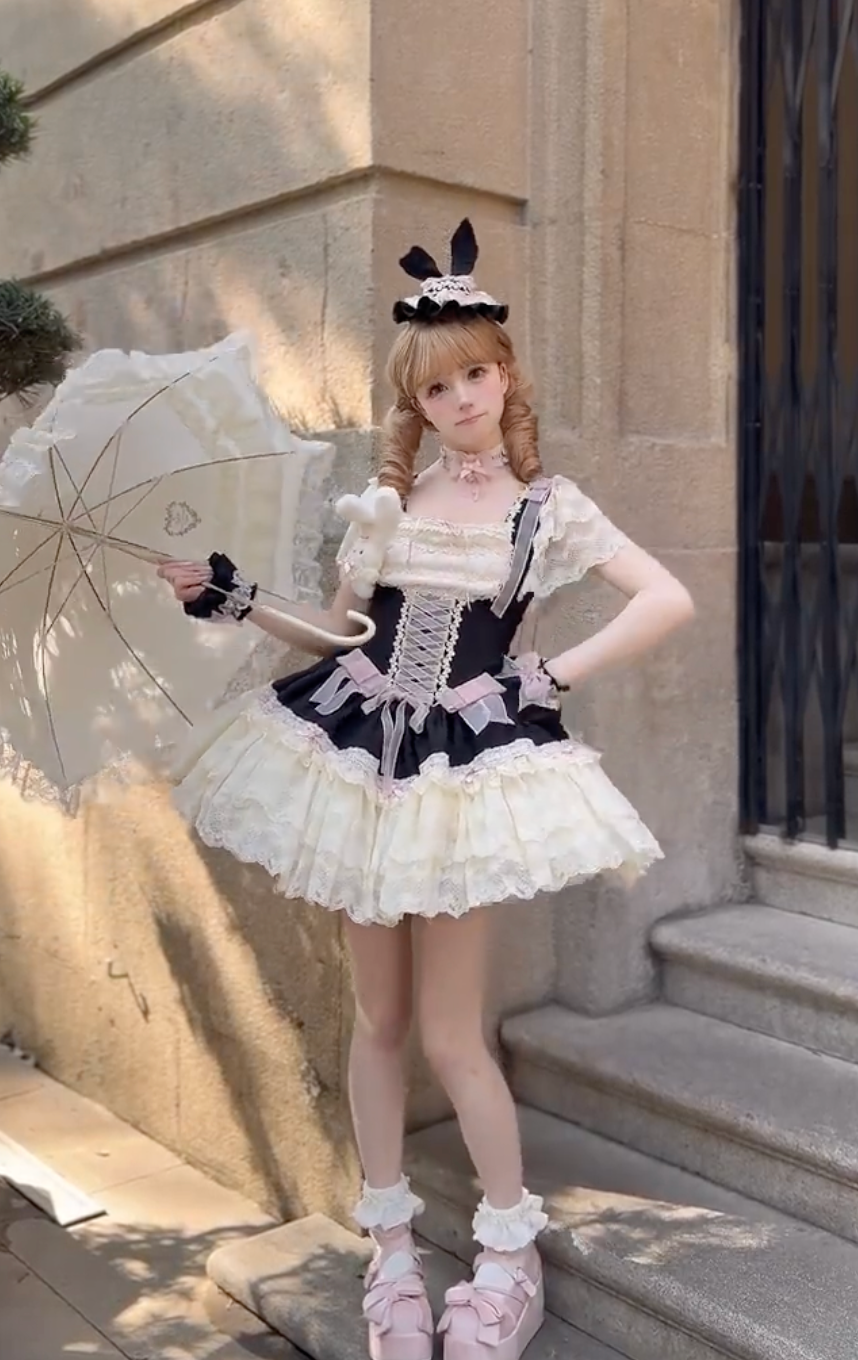 Bunny Lace Tea Party Lolita JSK (Black & Cream)