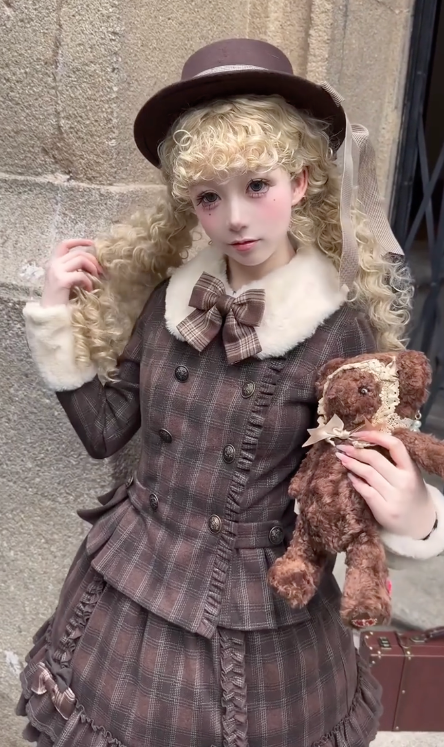 Victorian Chocolate Doll Ensemble (Brown Plaid & Cream)