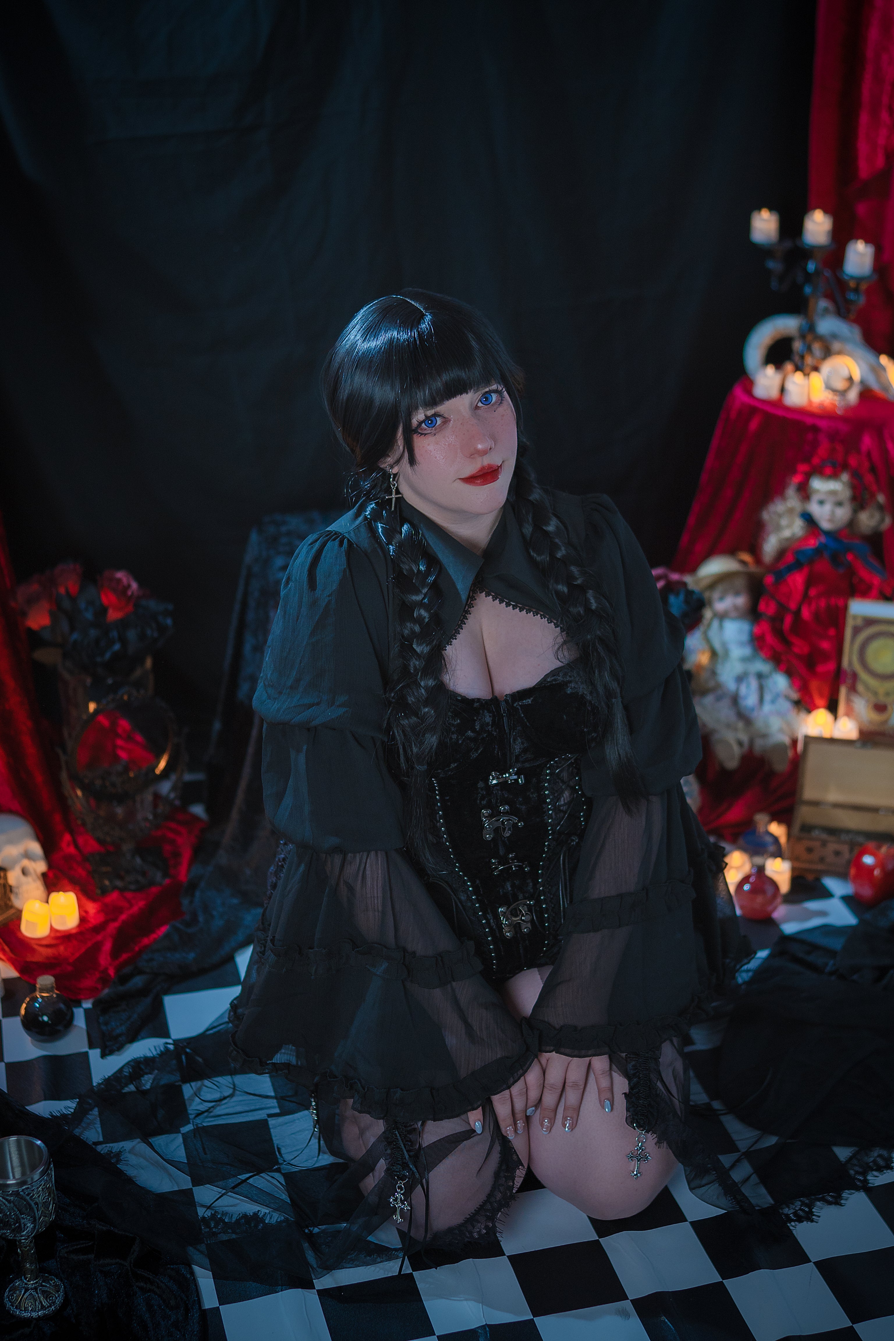 Obsidian Widow Gothic Shroud & Velvet Corset Set (Black)