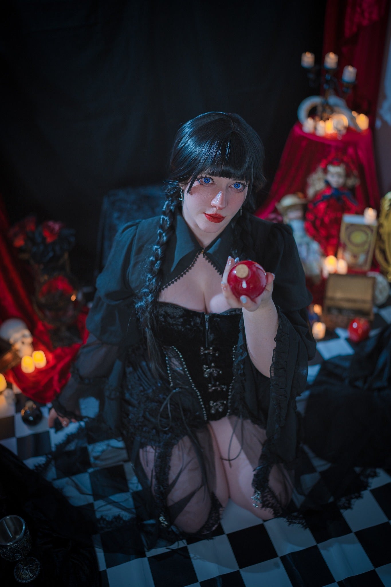 Black Long Braided Synthetic Wig with Full Bangs