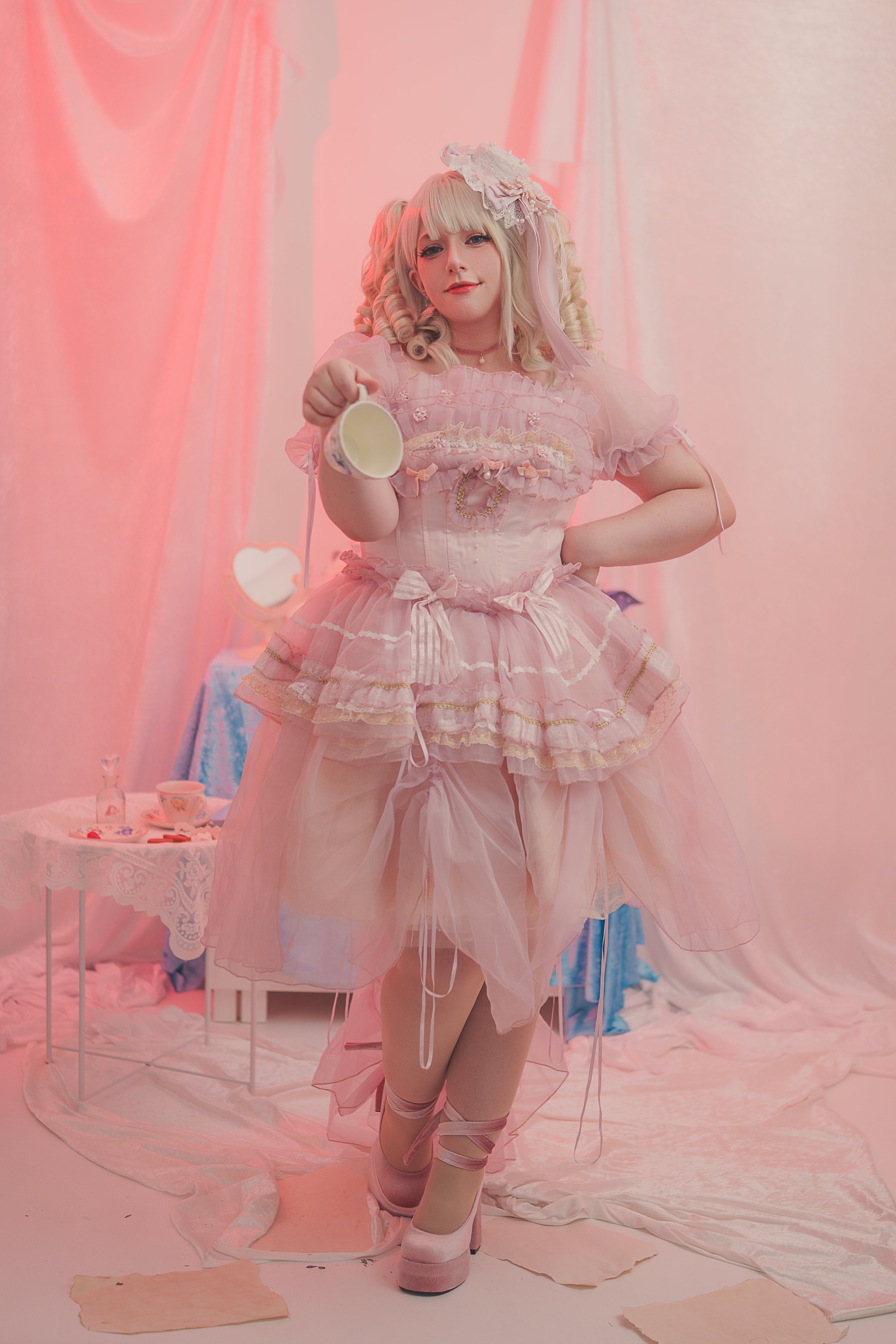 Rosy Confection Dream OP Set with Bonnet & Gloves (Pink)