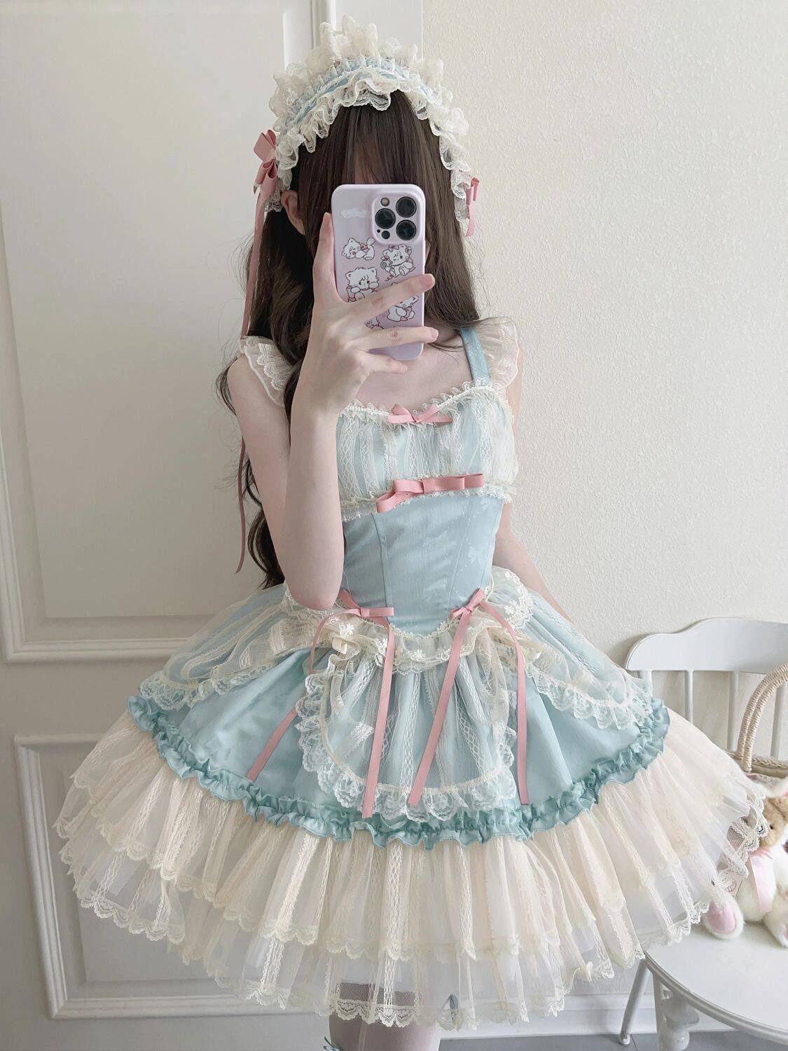 Elegant Short Lolita Dress with Lace Accents, Tulle Sleeves, and Pink Ribbon Details