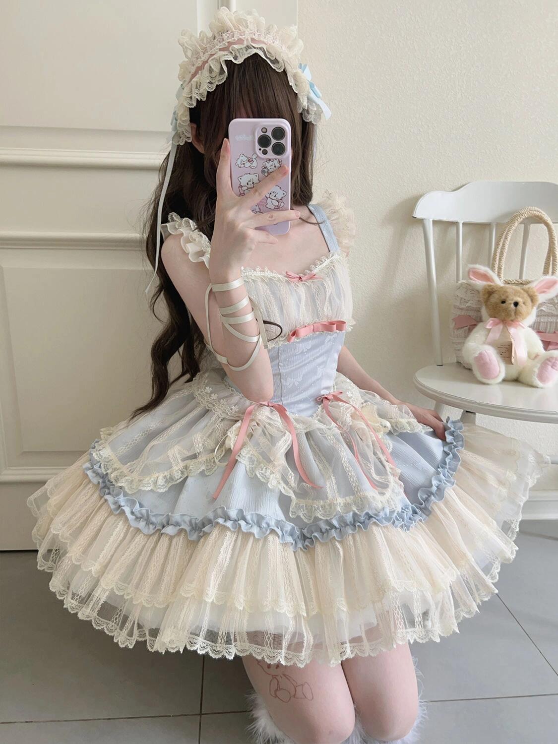 Short Lolita Dress with Blue and Pink Ribbon Details and Lace Trim