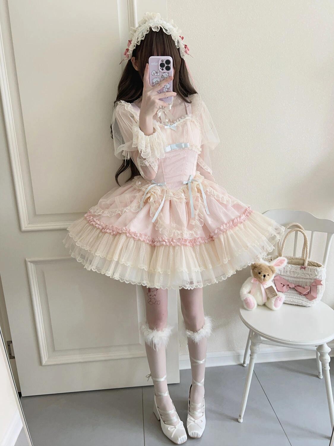 Short Lolita Dress with Blue and Pink Bows and Ballerina Skirt