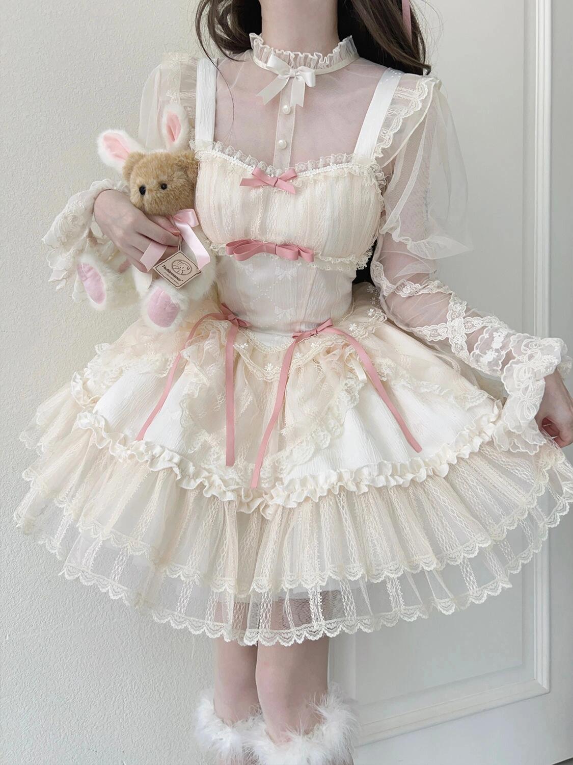 Short Lolita Dress with Tulle Long Sleeves and Pink Bow Decoration