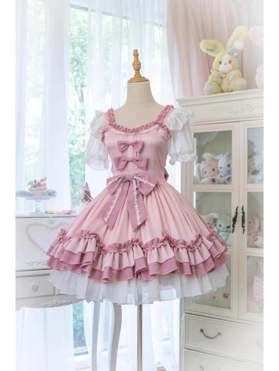 Beautiful Pink Lolita Dress with puff sleeves and ribbon accents