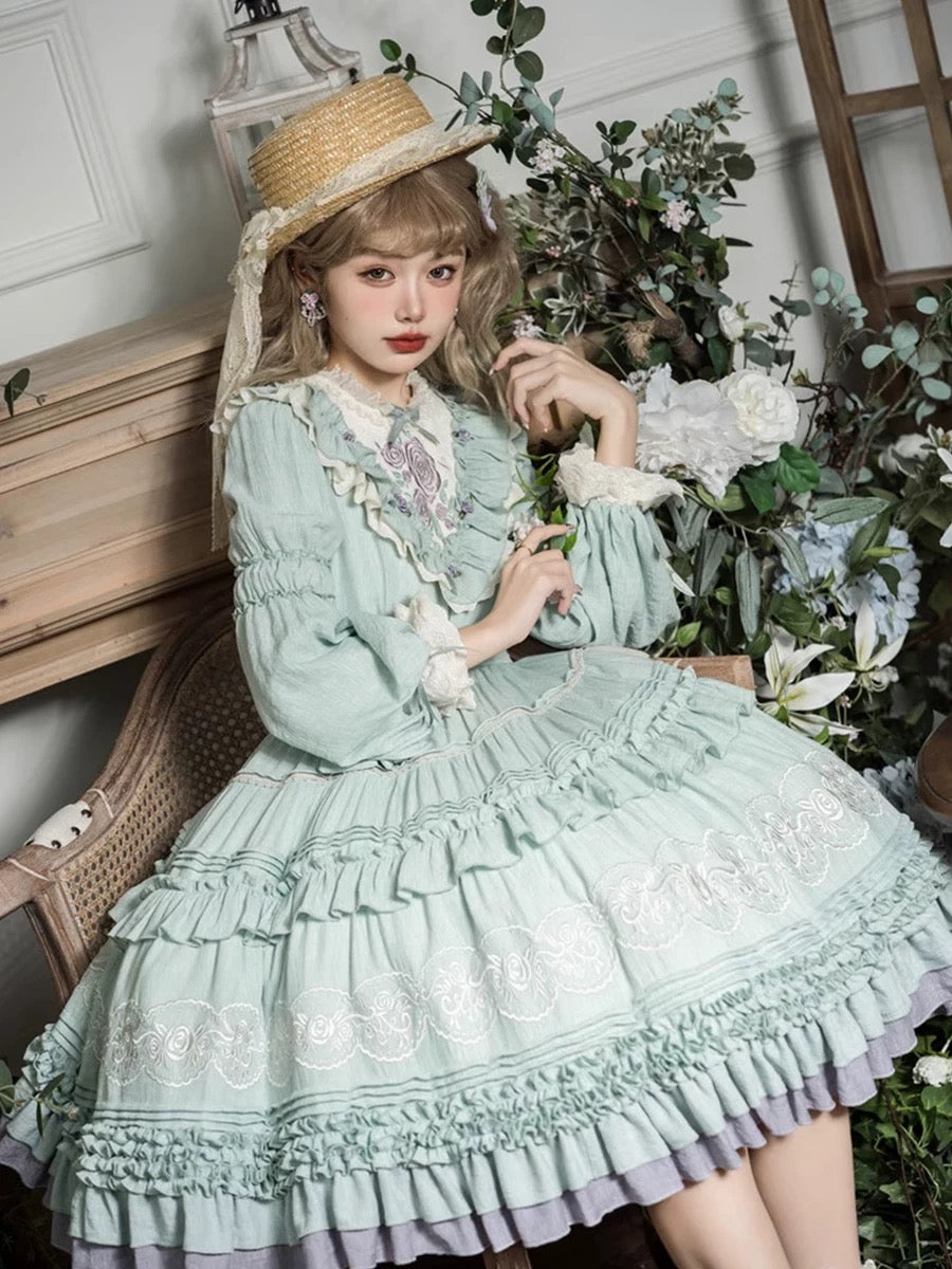 Victorian Garden Melody Lolita Dress (Lavender Mist and Sage Green)