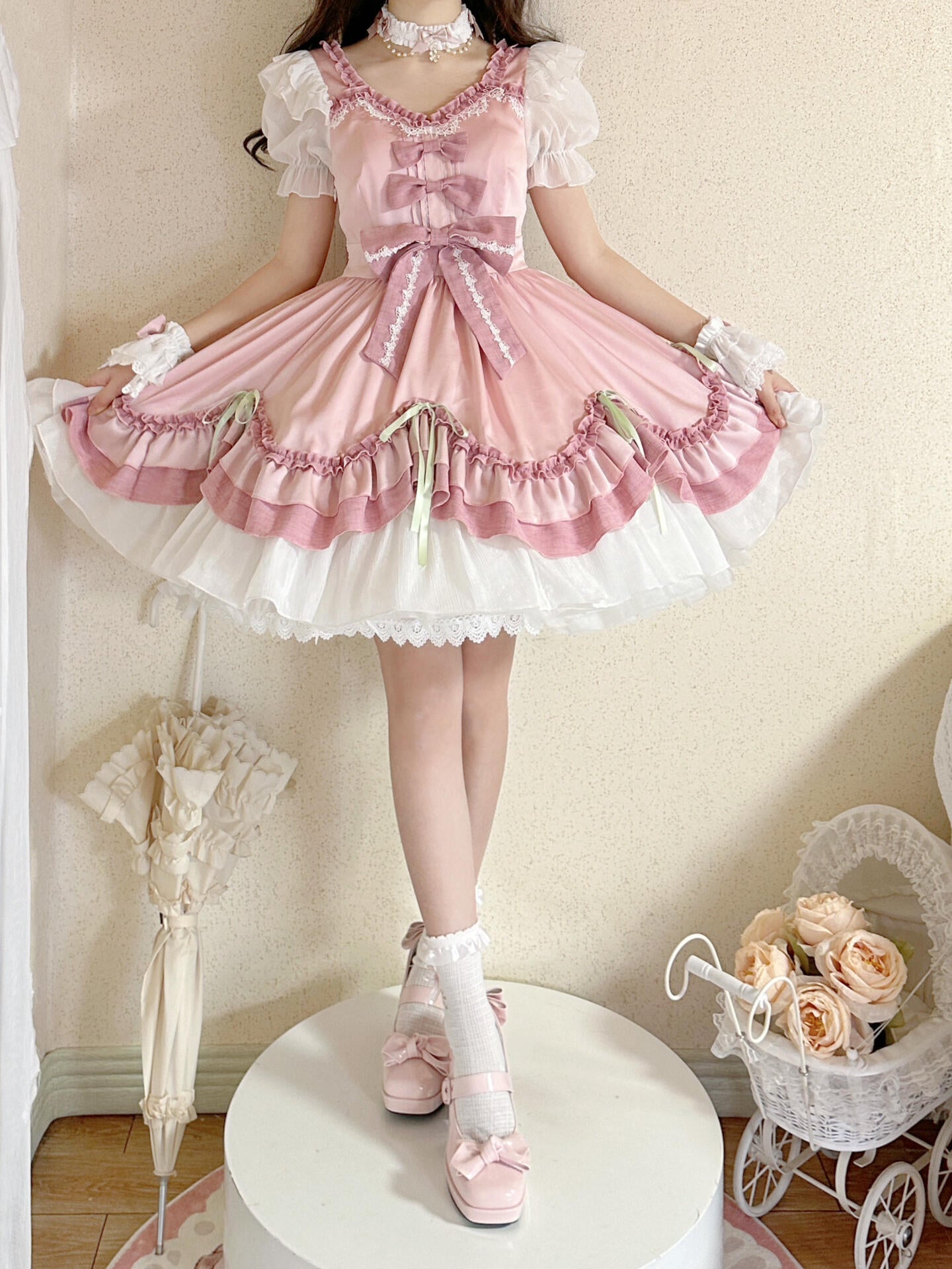 Pink Lolita Dress with bow details and frills