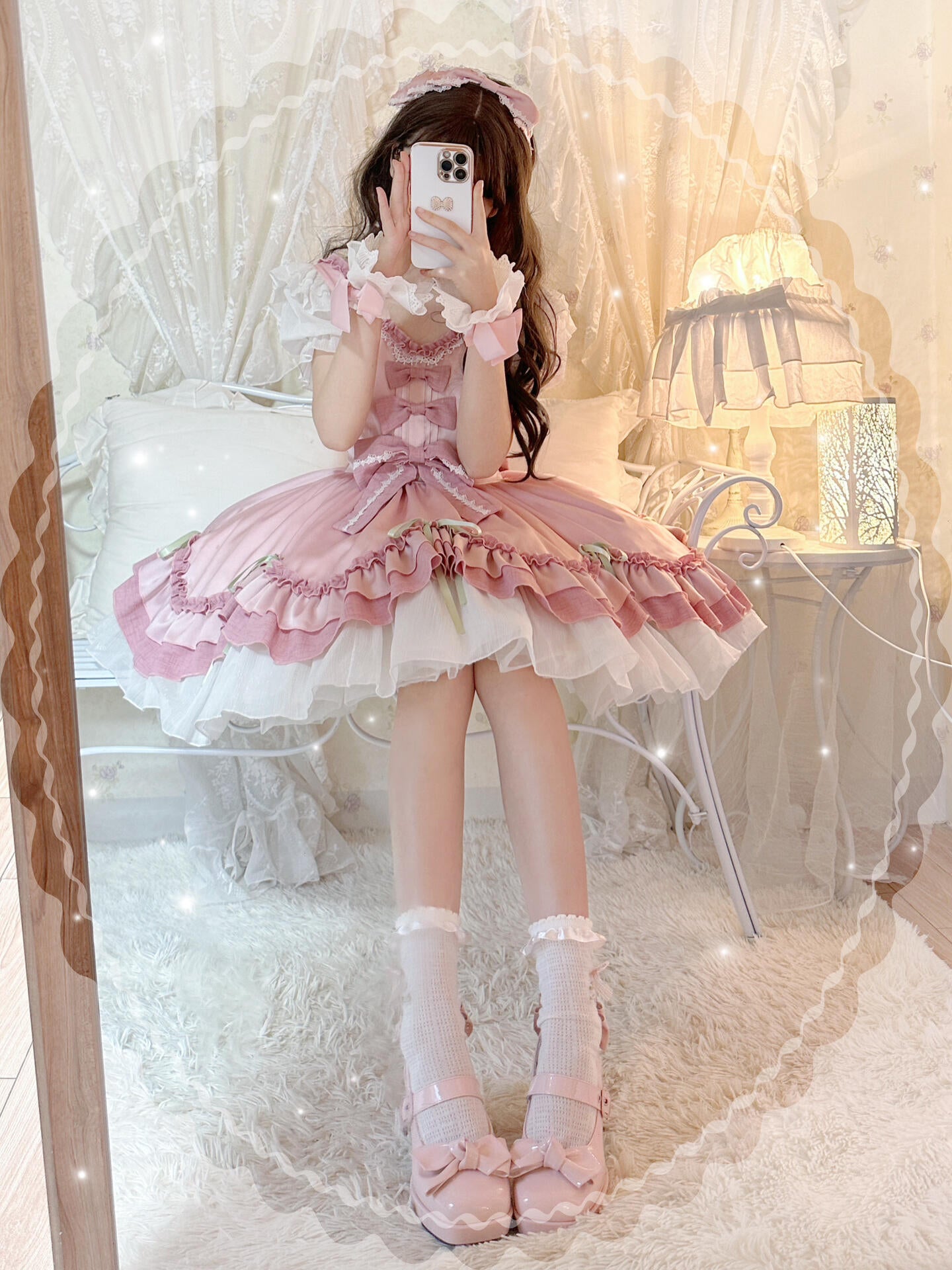 Sukuroi Pink Lolita Dress worn by model with accessories