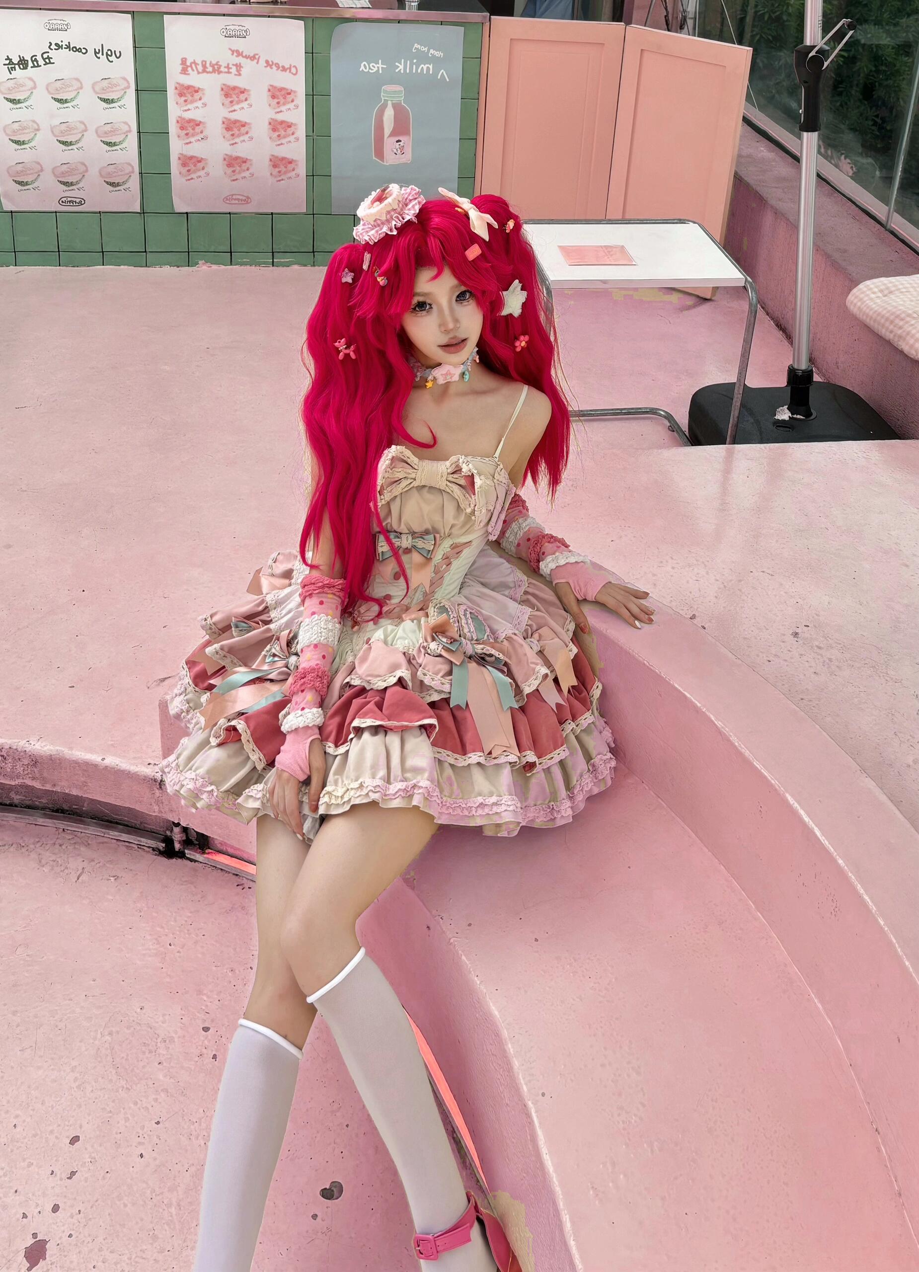 Long fuchsia wavy wig with two detachable ponytail for Lolita