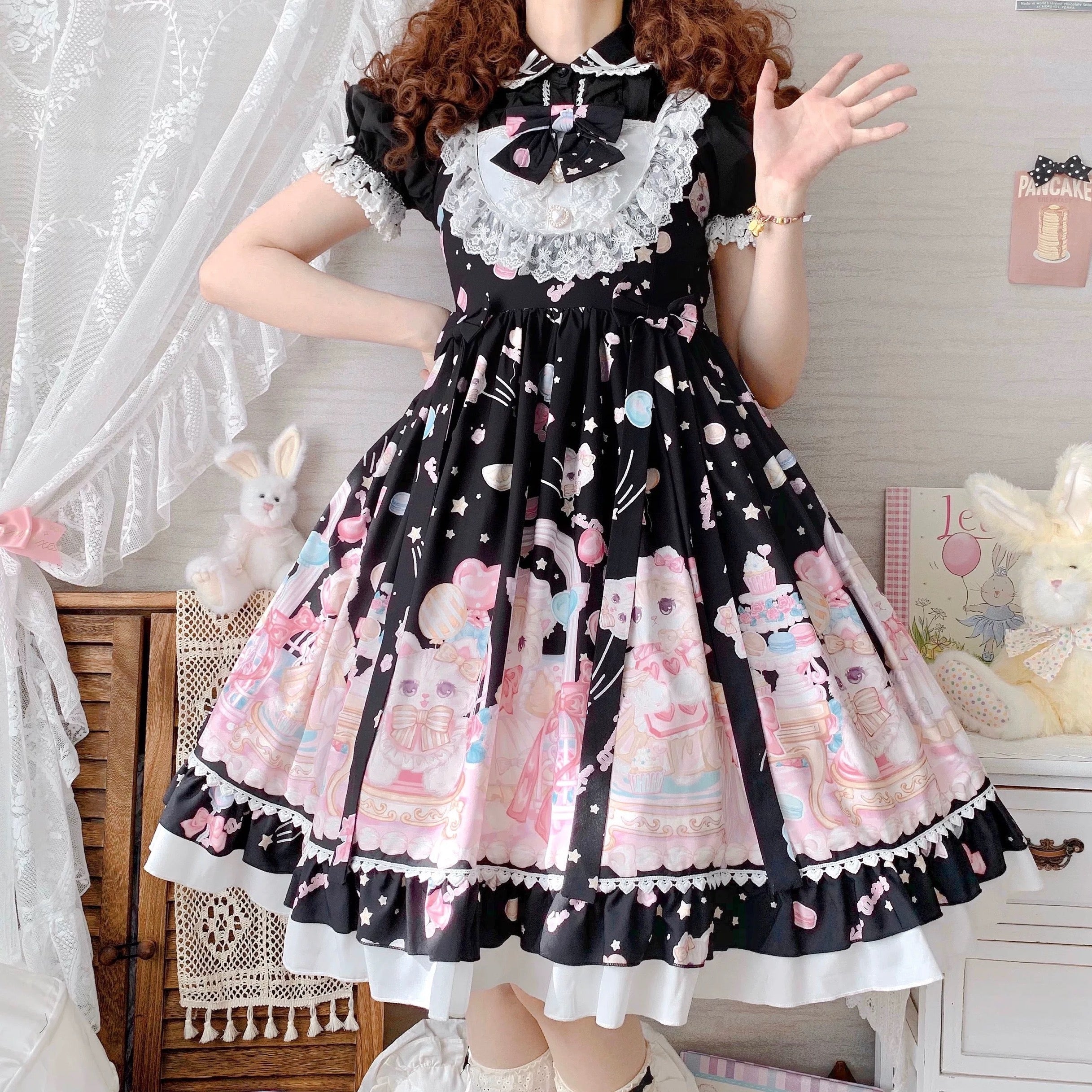 Dreamy Candy Carousel Lolita Dress / Black, Ivory & Pink