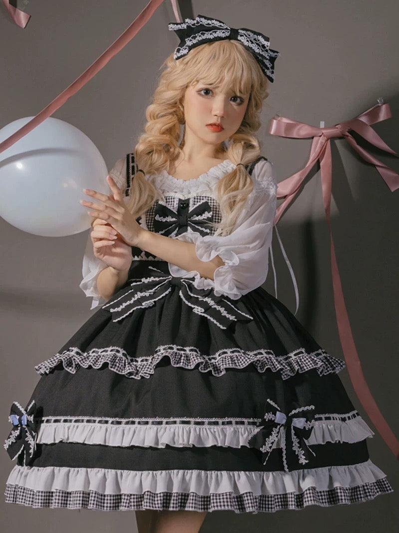 Sweetheart Charm Lolita Dress in Black with Classic Vichy Accents, Featuring a Separate Blouse and Bow Hairband