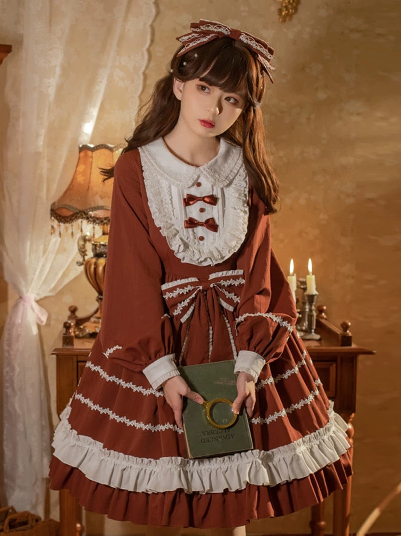 Red Lolita Dress with White Accents and Long Sleeves, Includes Bow Headband.