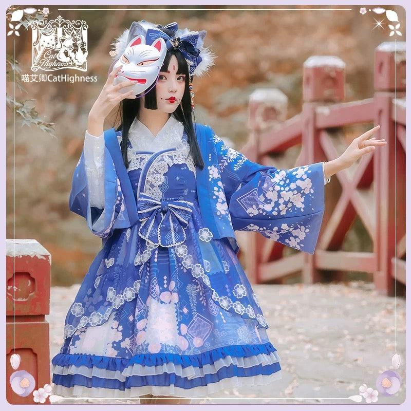 Vibrant dress and haori set in blue