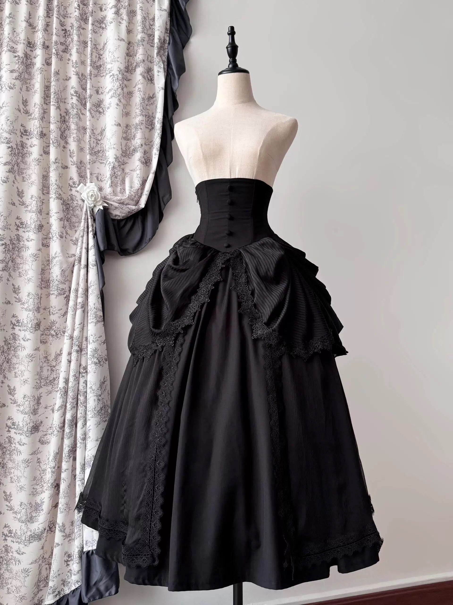 Draped Gothic Skirt and Bell-Sleeve Blouse with Detachable Jabot Black