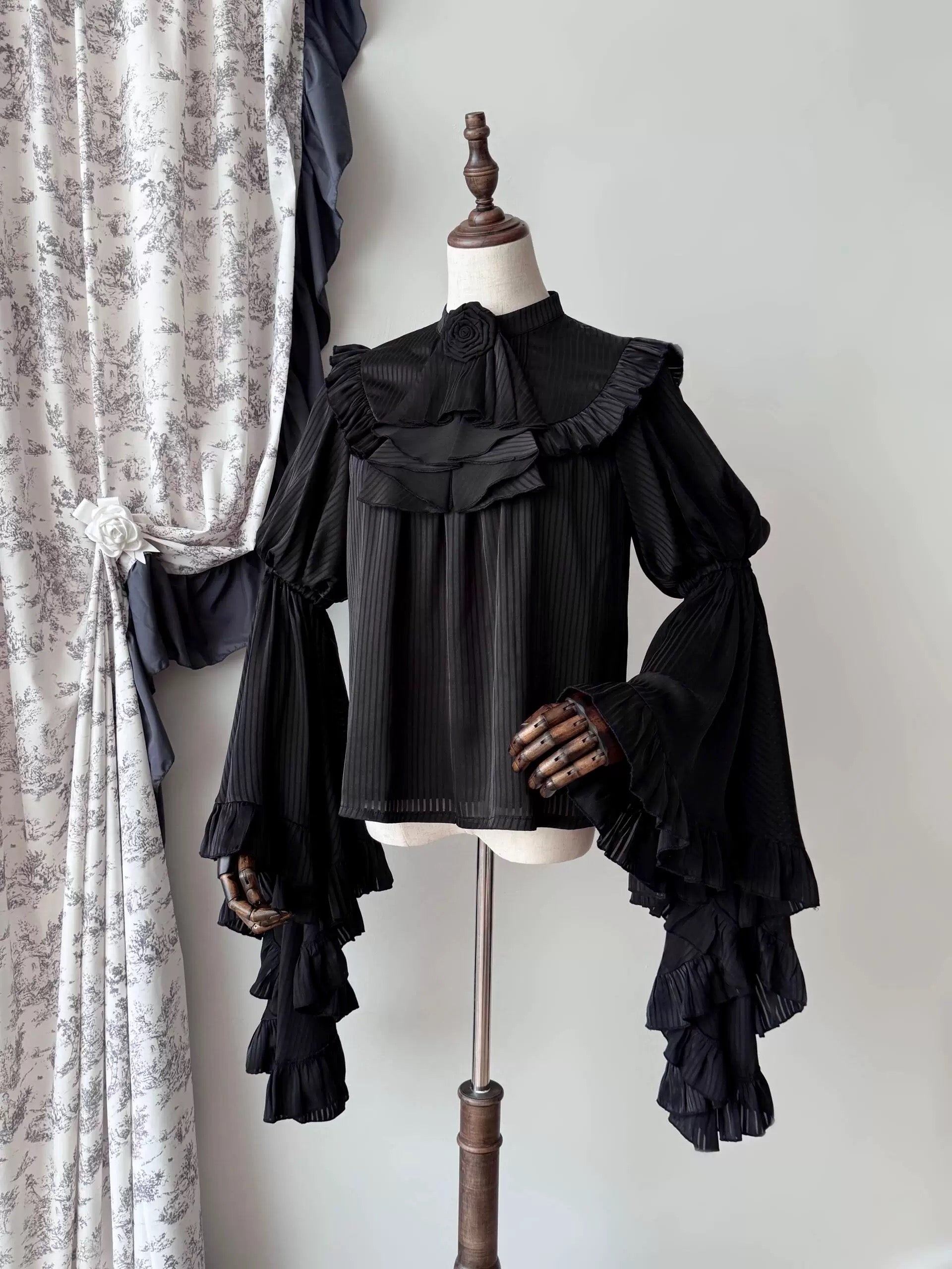 Draped Gothic Skirt and Bell-Sleeve Blouse with Detachable Jabot Black