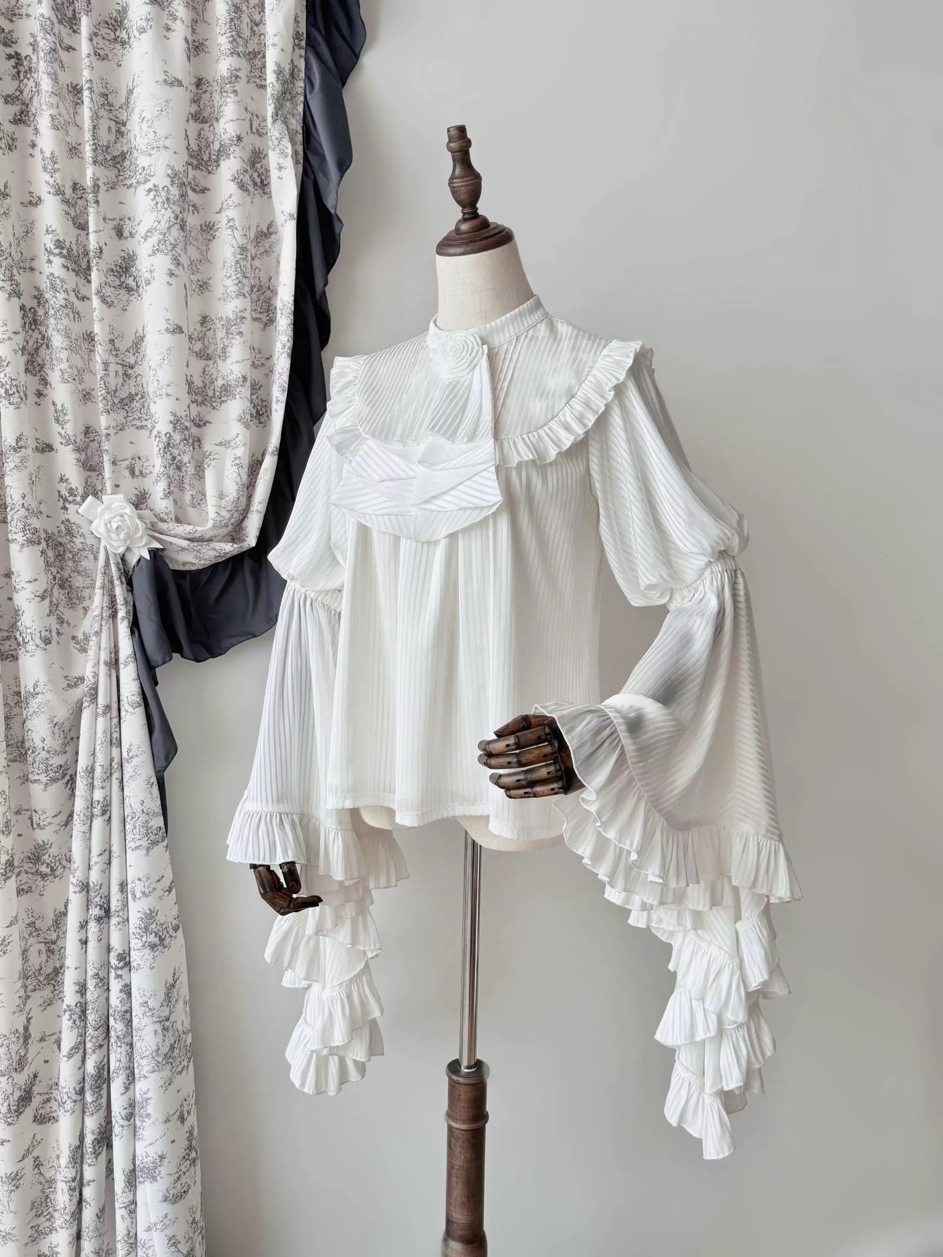 Draped Gothic Skirt and Bell-Sleeve Blouse with Detachable Jabot White