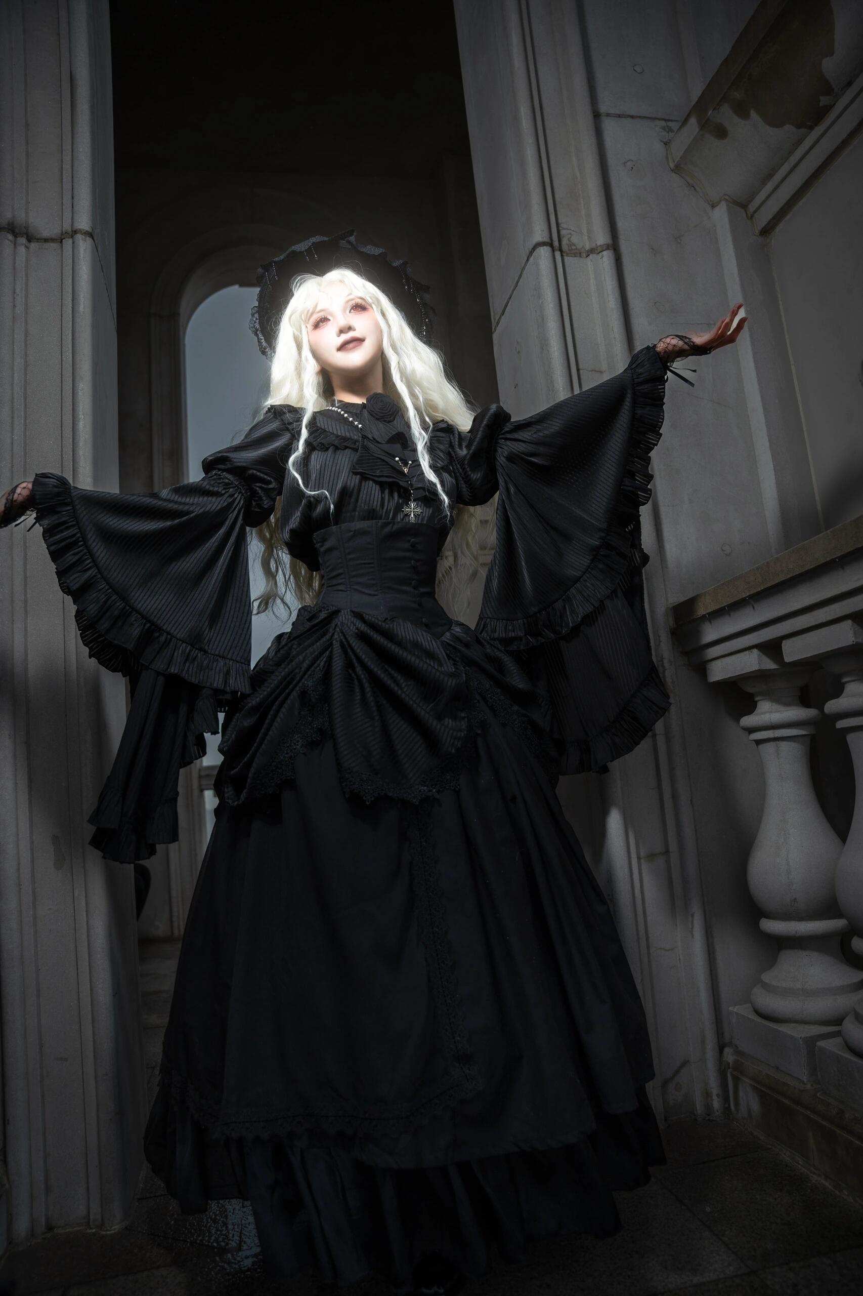 Draped Gothic Skirt and Bell-Sleeve Blouse with Detachable Jabot Black