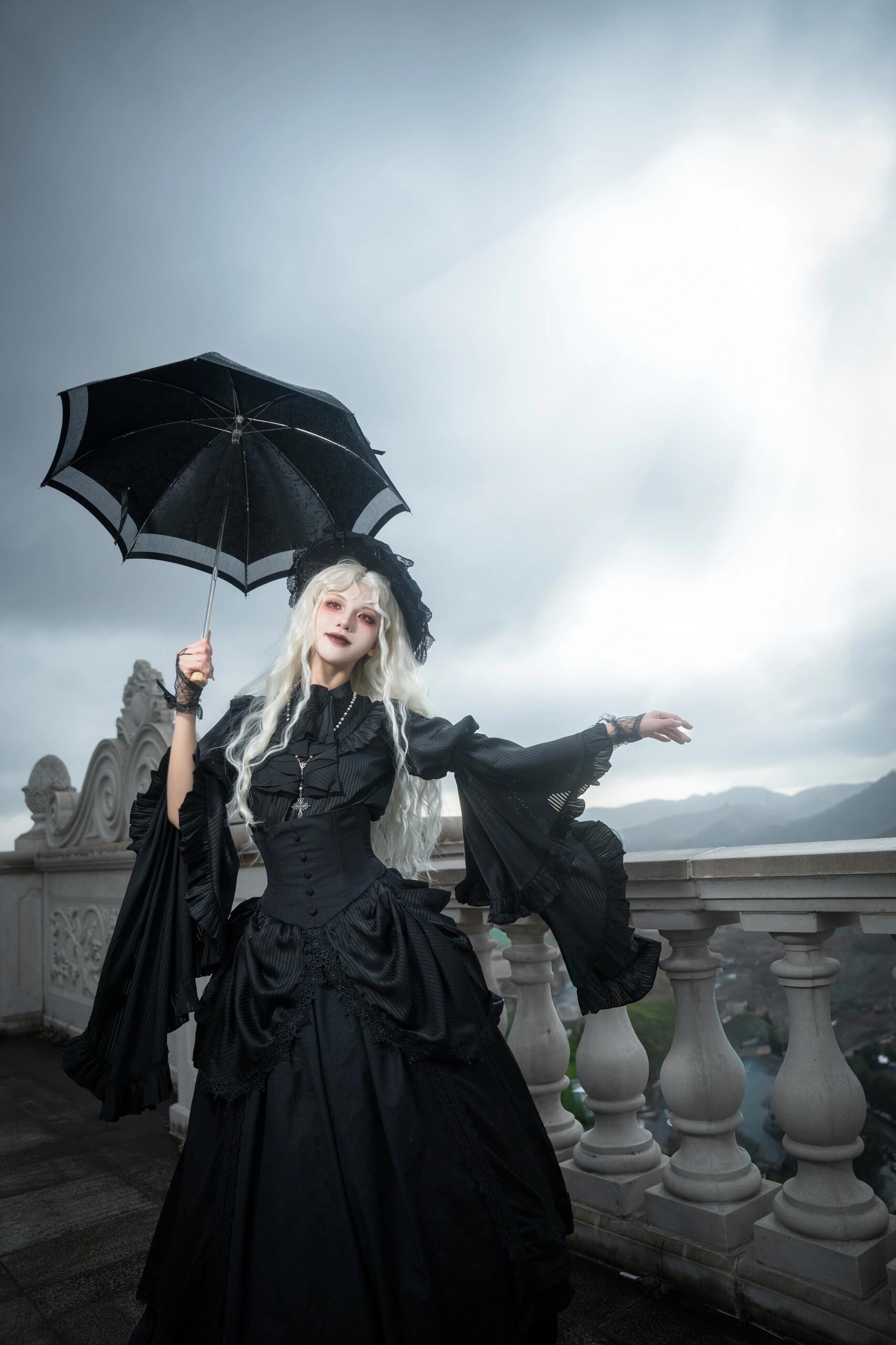 Draped Gothic Skirt and Bell-Sleeve Blouse with Detachable Jabot Black