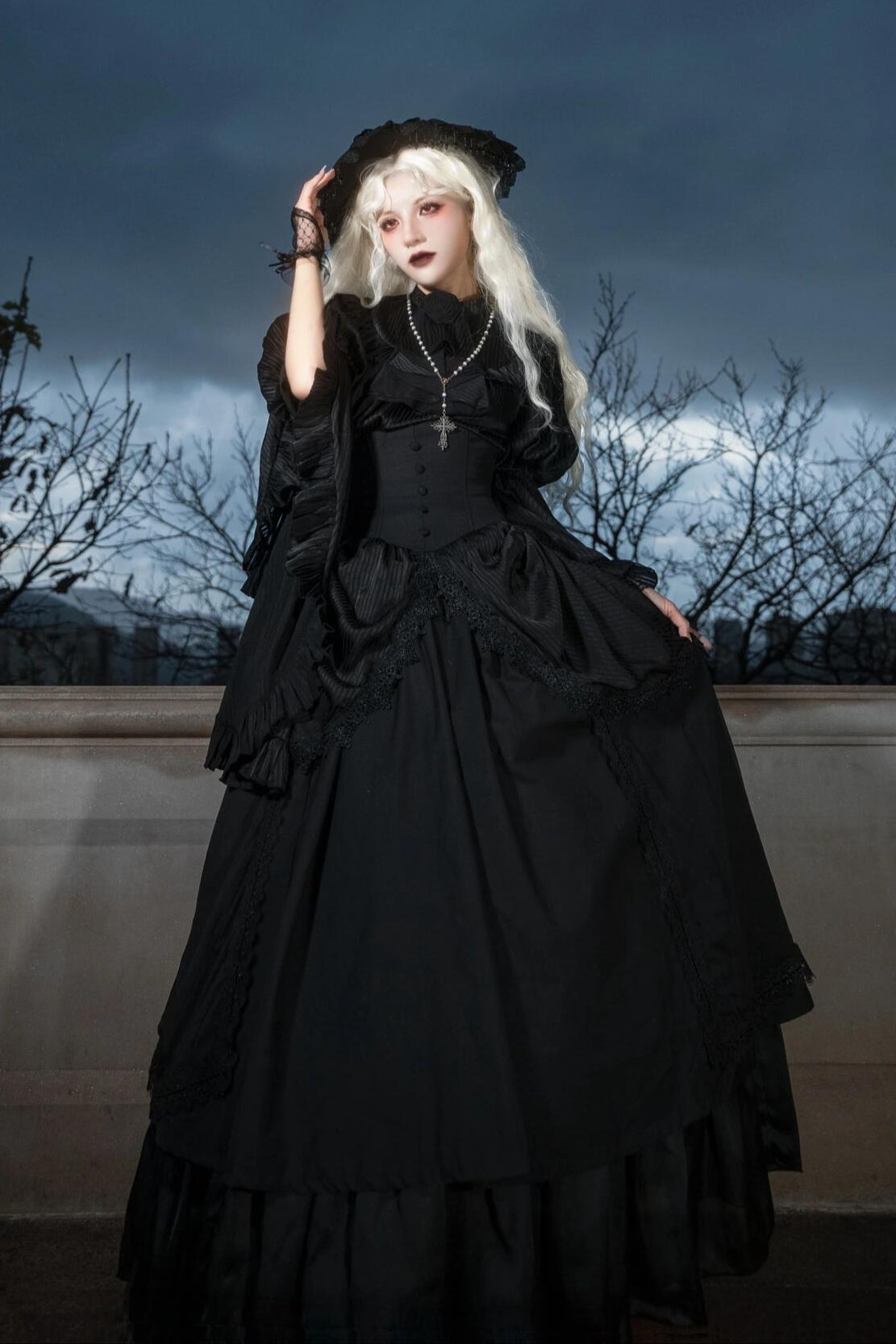 Draped Gothic Skirt and Bell-Sleeve Blouse with Detachable Jabot Black
