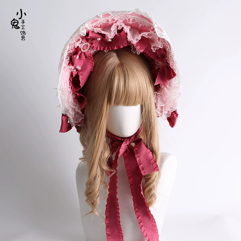 Pink lace Lolita bonnet hat