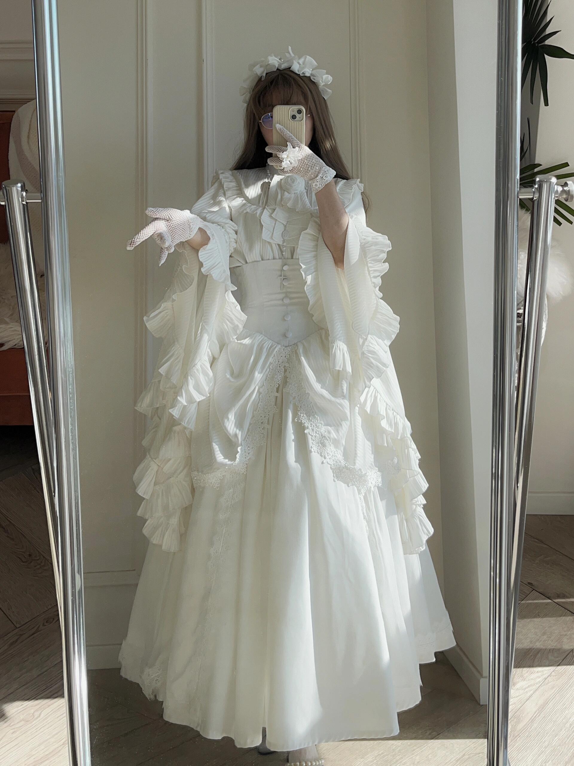 Draped Gothic Skirt and Bell-Sleeve Blouse with Detachable Jabot White