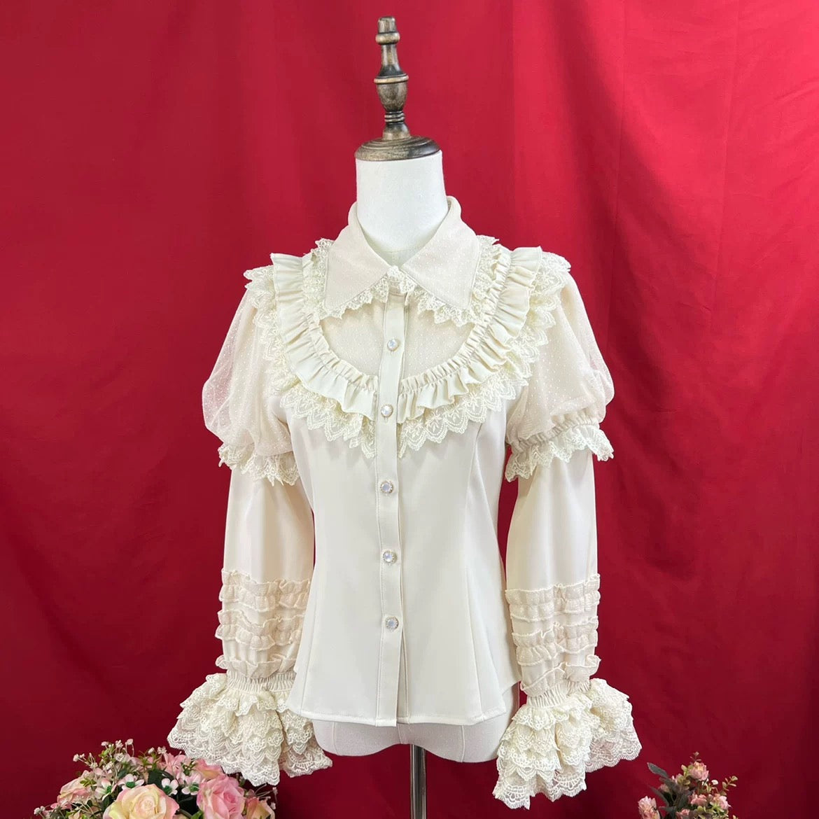 Romantic Ruffle Lace Blouse with Long Sleeves