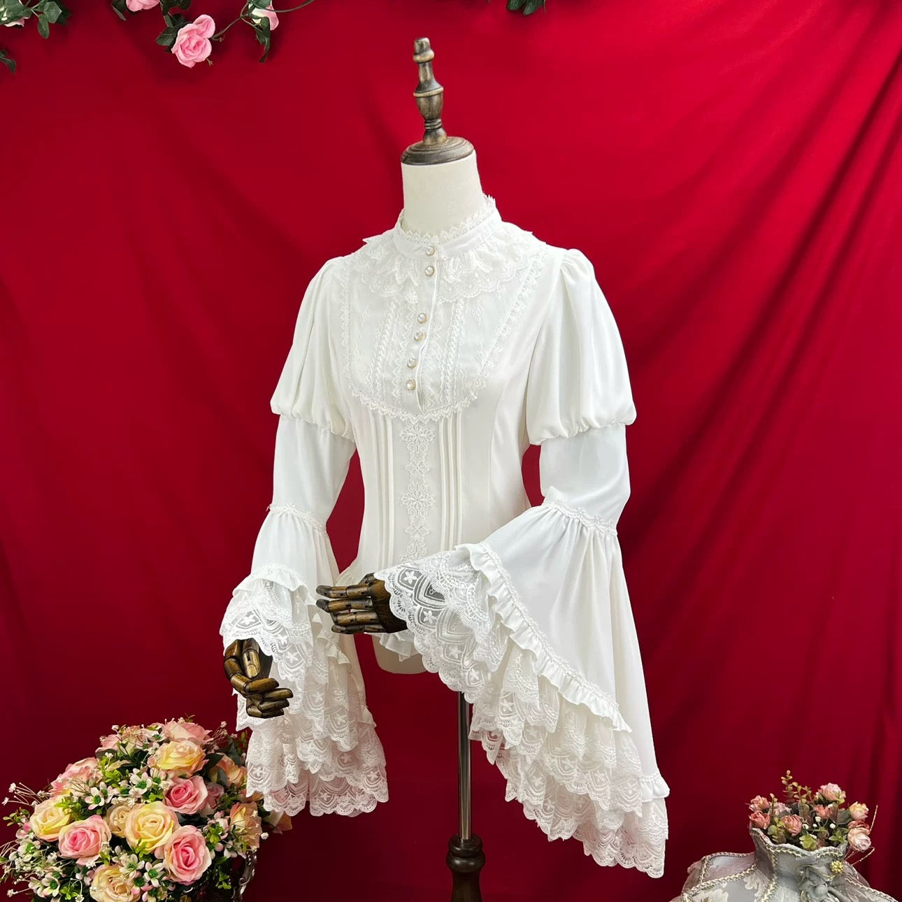 Victorian Bell Sleeve Lace Blouse Gothic Black & White