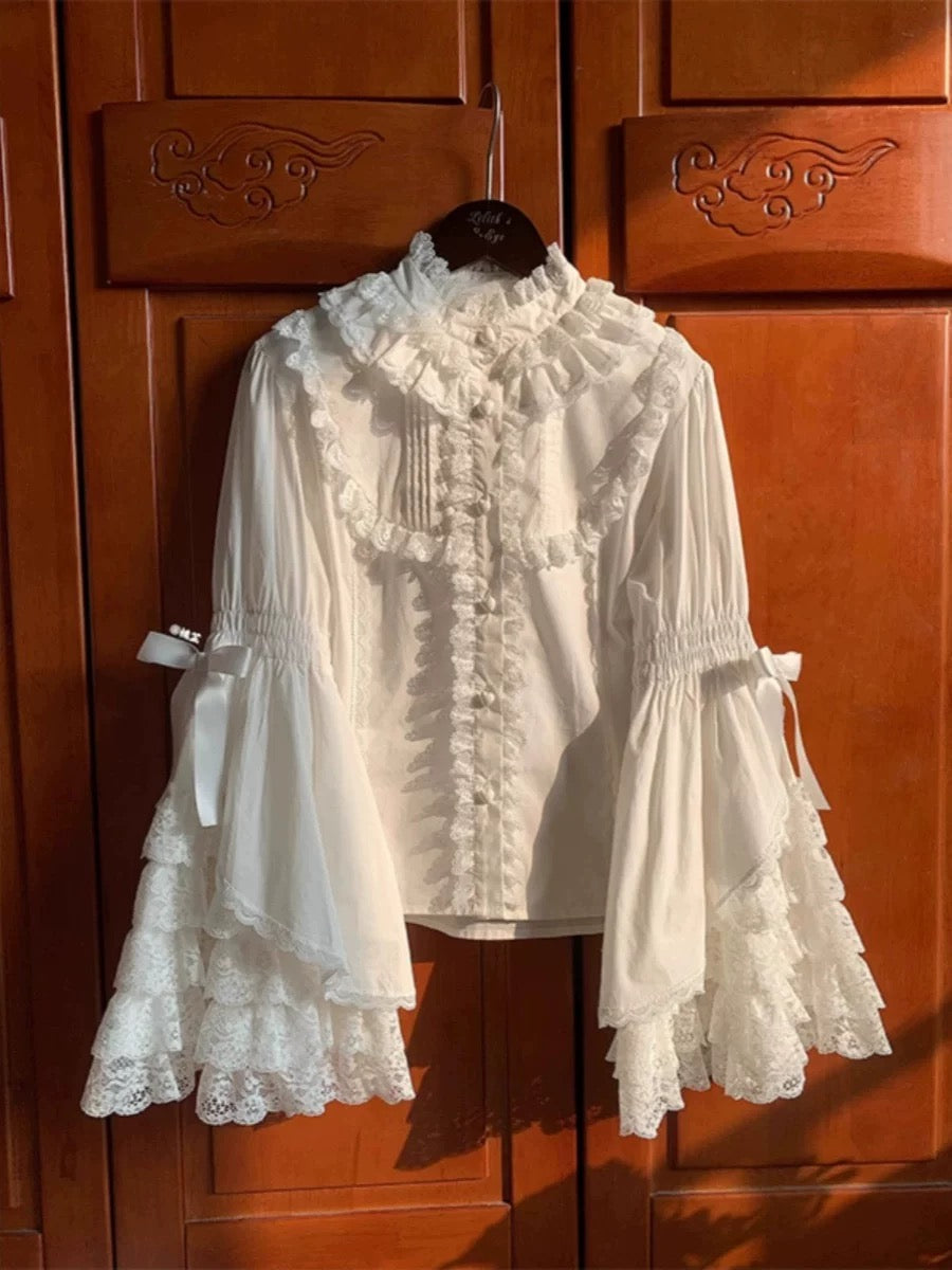 Royal Court Ruffle Blouse High Neck Classic Lolita Shirt with Lace Bell Sleeves