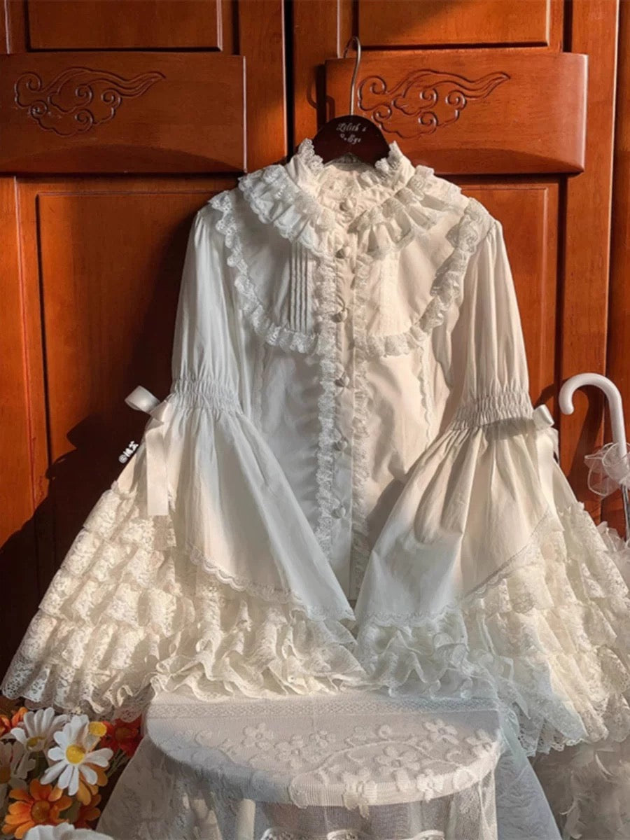 Royal Court Ruffle Blouse High Neck Classic Lolita Shirt with Lace Bell Sleeves