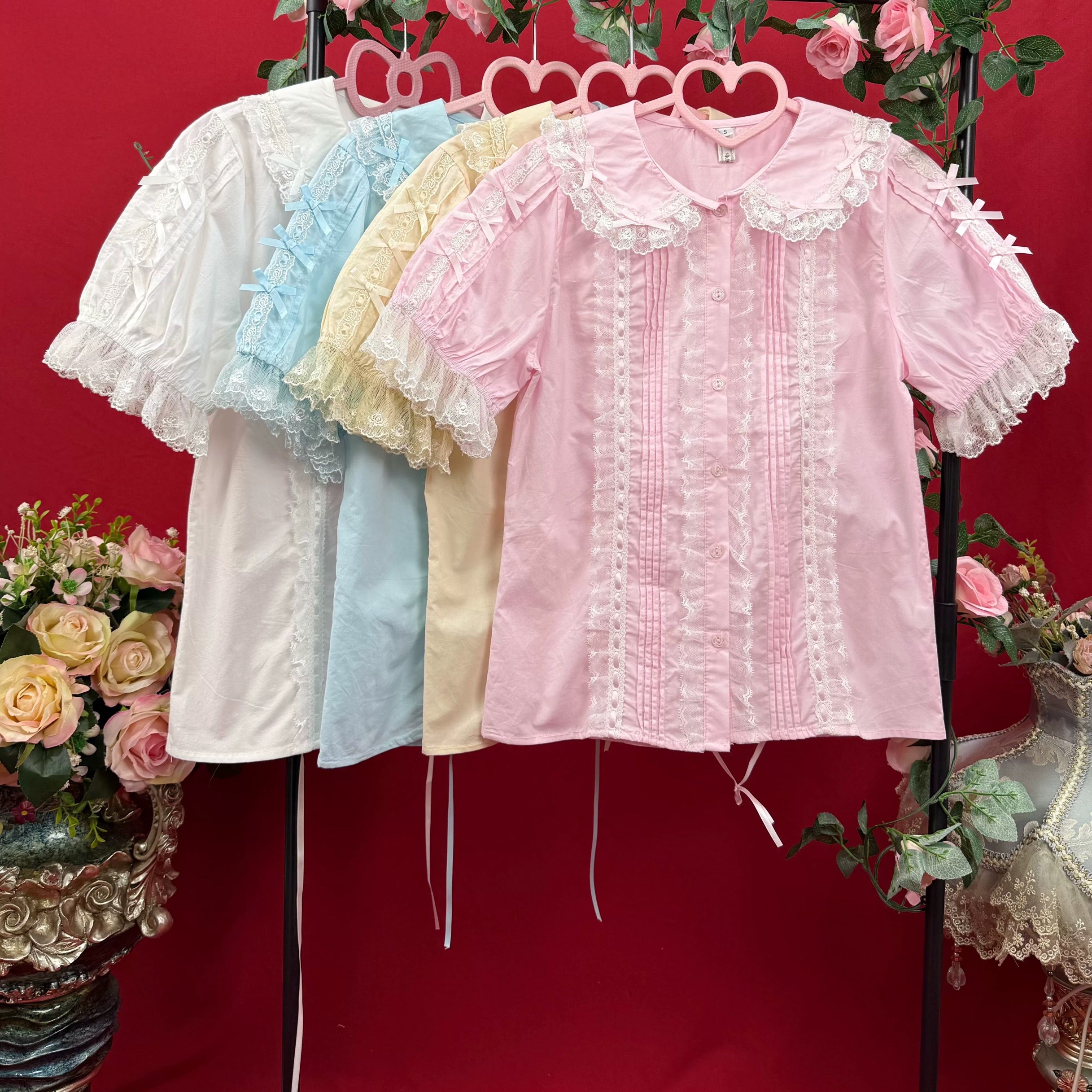 Sweet Lace Bow Puff Sleeve Lolita Blouse Pink, Blue, Beige and White