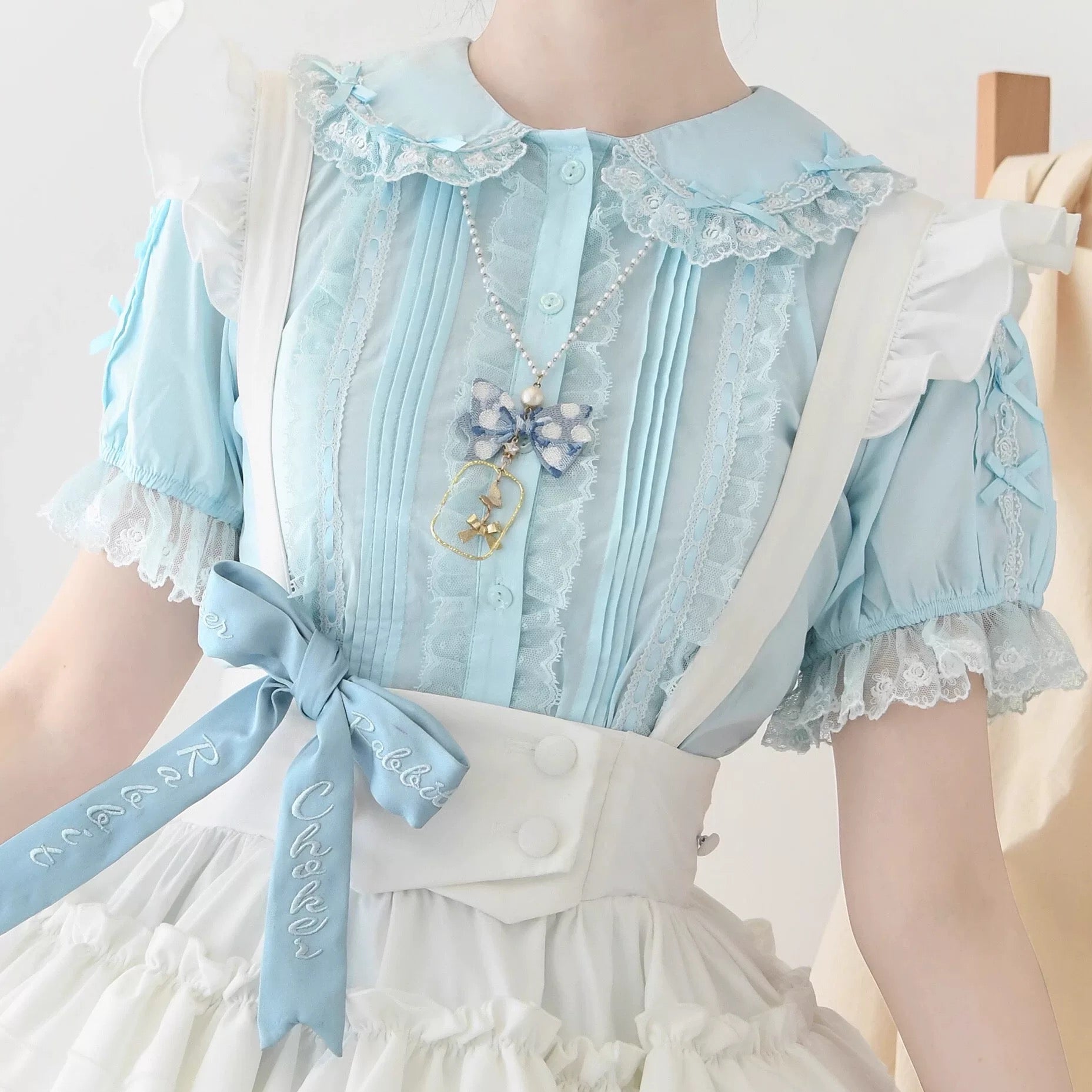 Sweet Lace Bow Puff Sleeve Lolita Blouse Pink, Blue, Beige and White