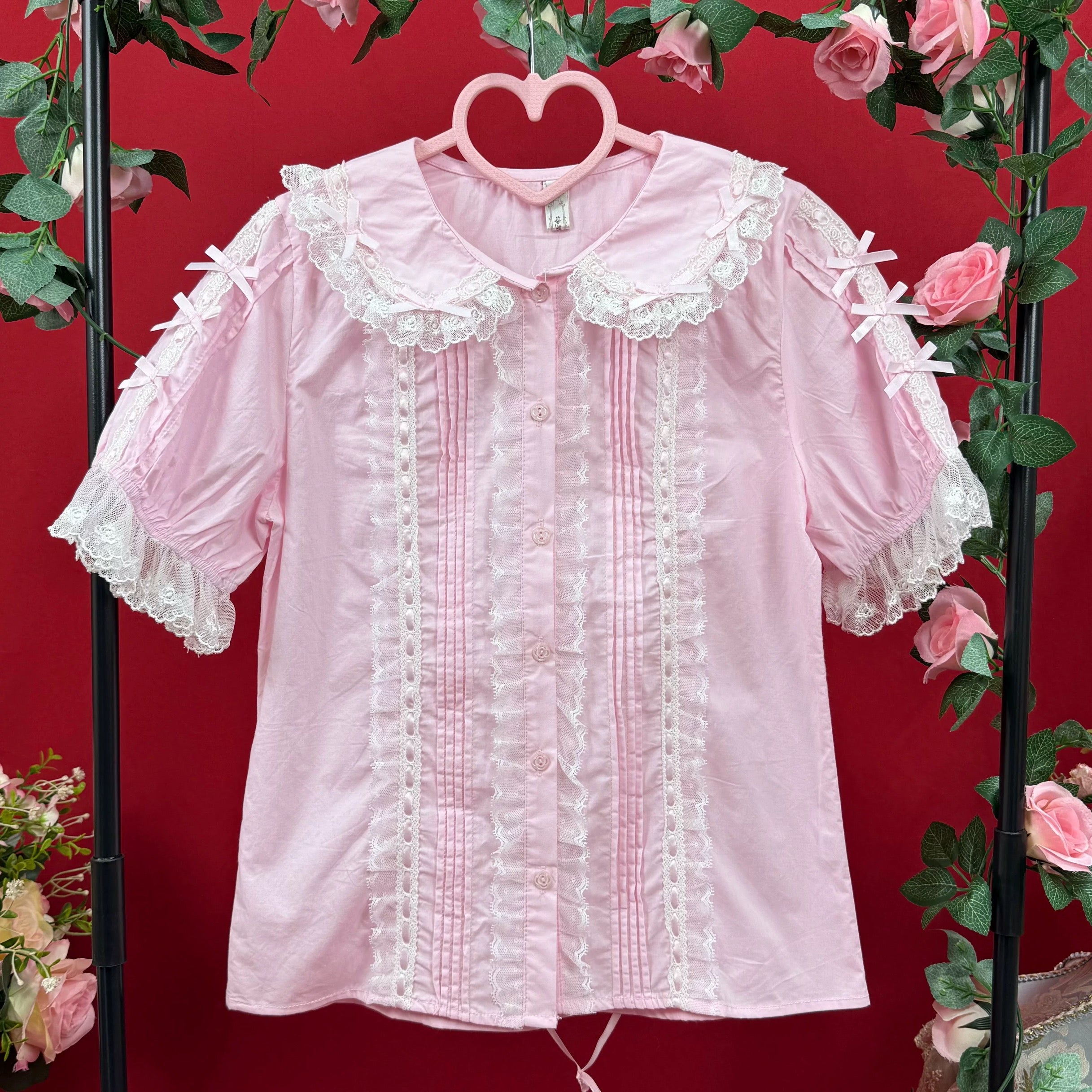 Sweet Lace Bow Puff Sleeve Lolita Blouse Pink, Blue, Beige and White