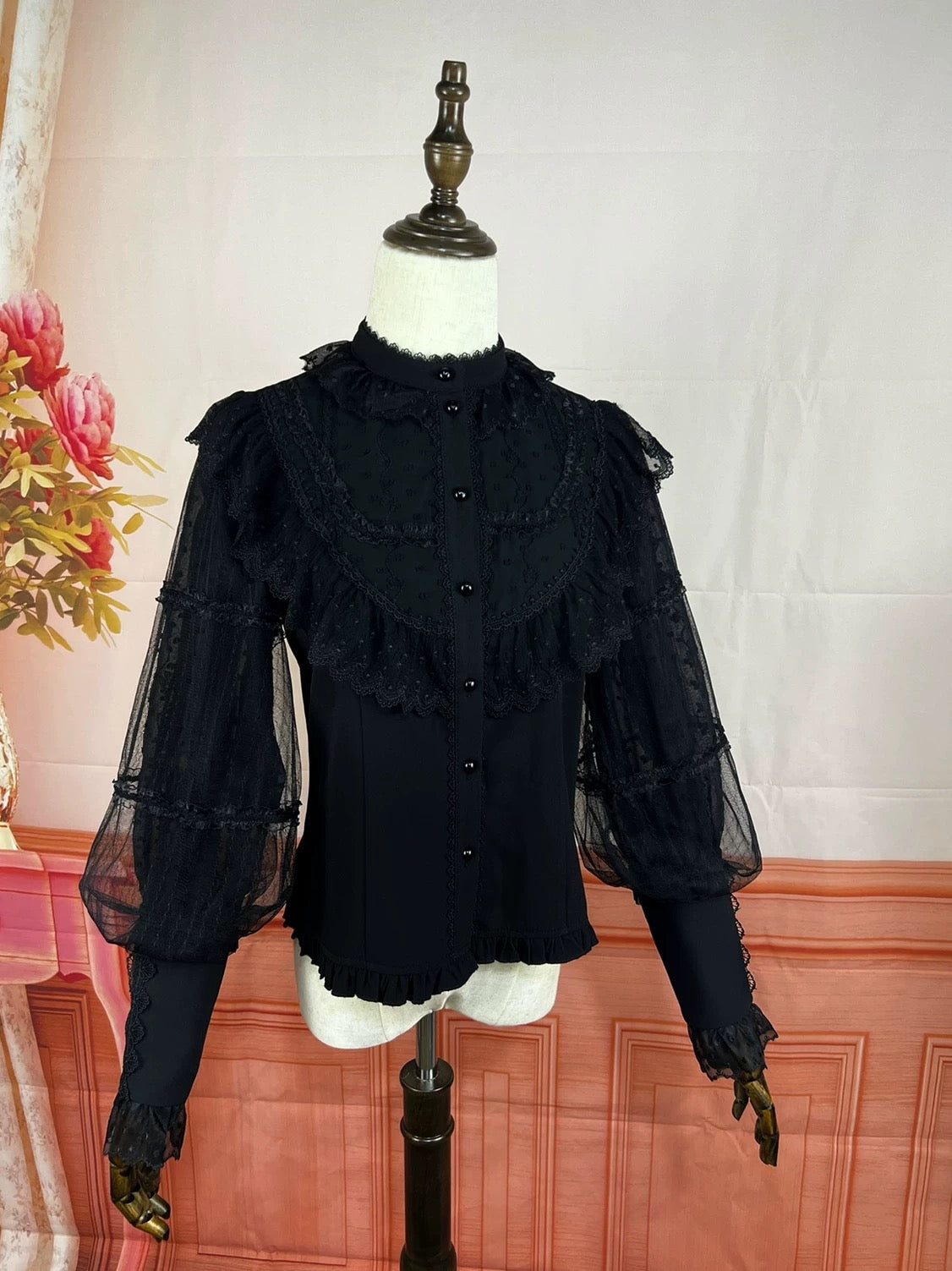 Victorian Ruffle Lace Yoke Blouse Black & White