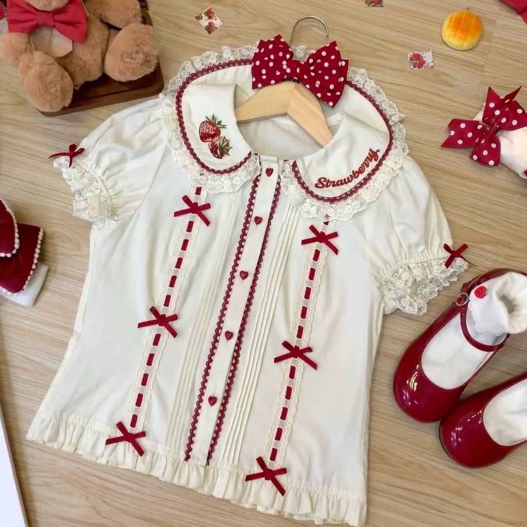 Strawberry Embroidered Puff Sleeve Blouse