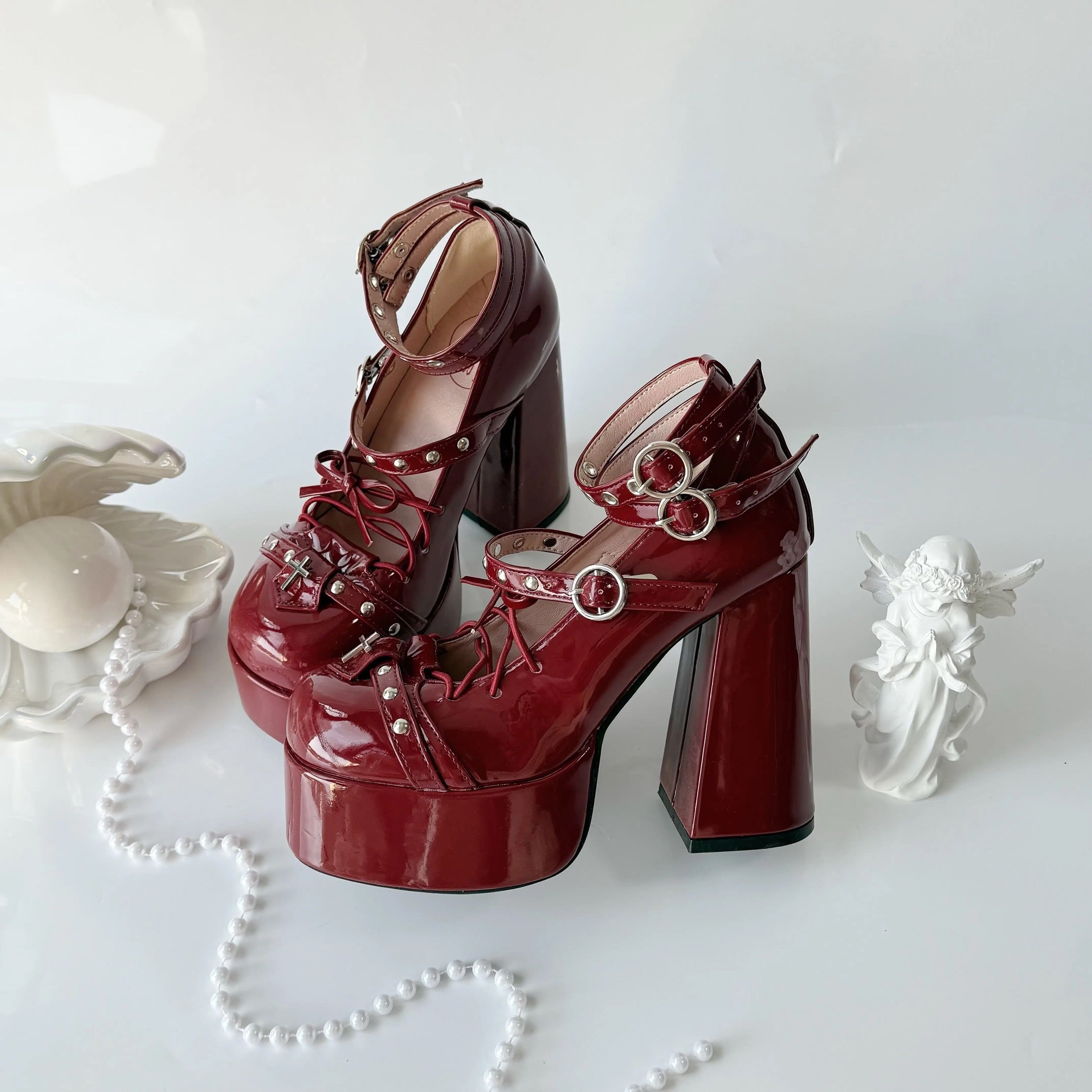 Gothic Cross Platform Lolita Heels Black, White and Red