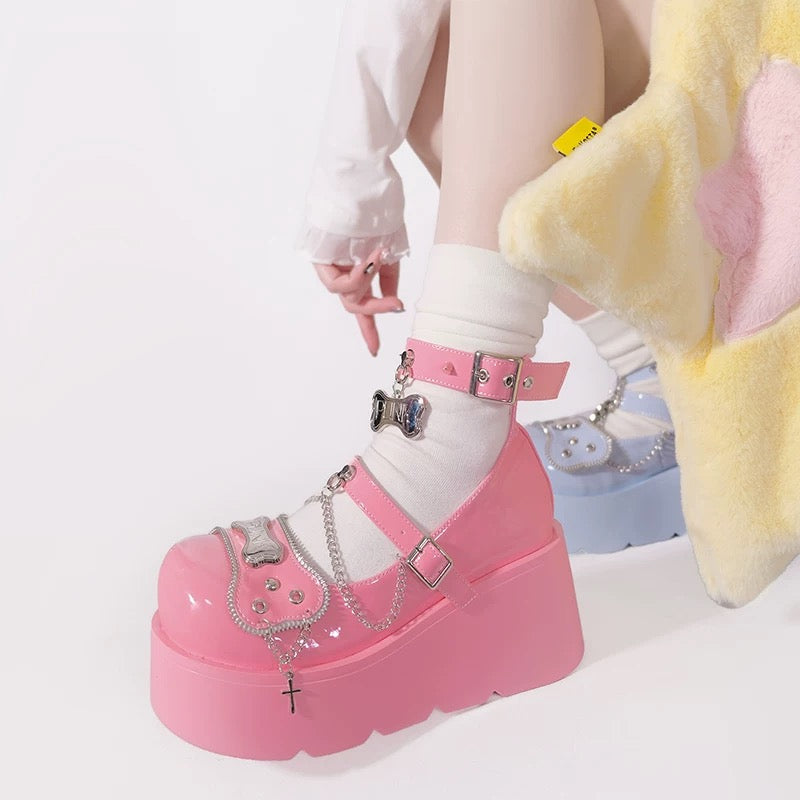 Punk Bone Chain Platform Lolita Shoes in Pink, Black, White and Blue