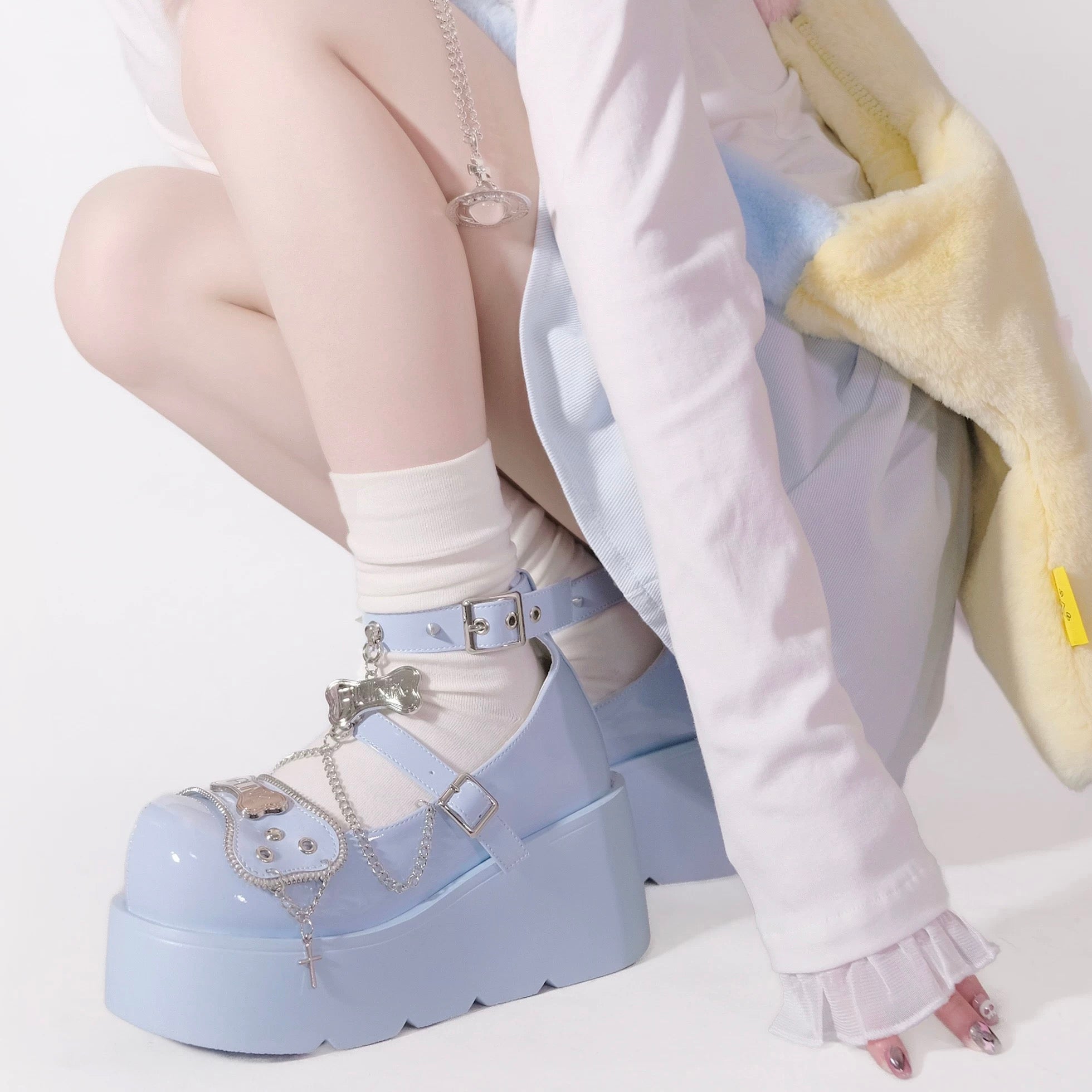 Punk Bone Chain Platform Lolita Shoes in Pink, Black, White and Blue