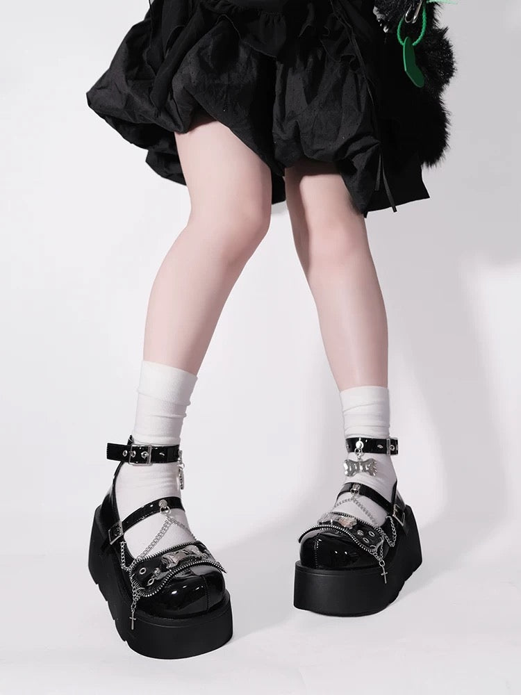 Punk Bone Chain Platform Lolita Shoes in Pink, Black, White and Blue